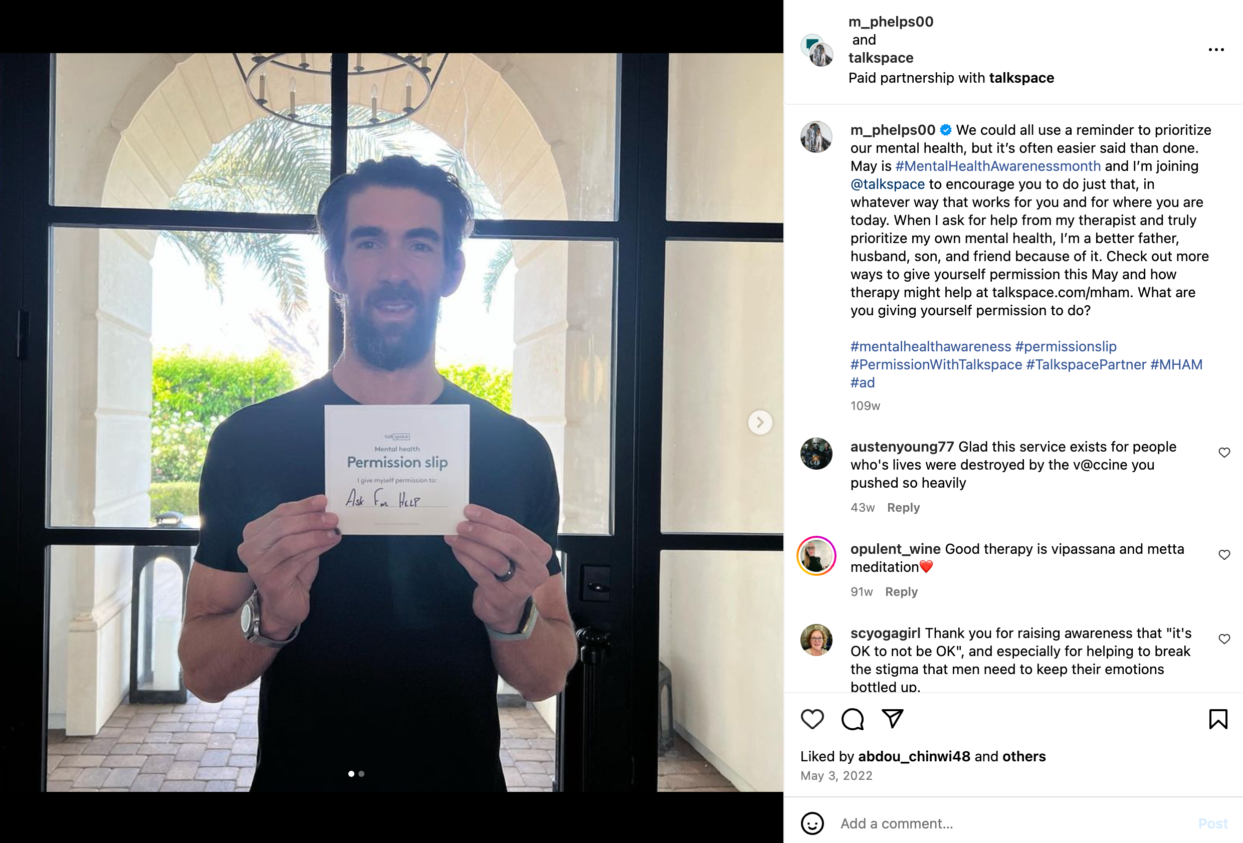 Social Post Image featuring Michael Phelps holding a card that says Talkspace Permission Slip