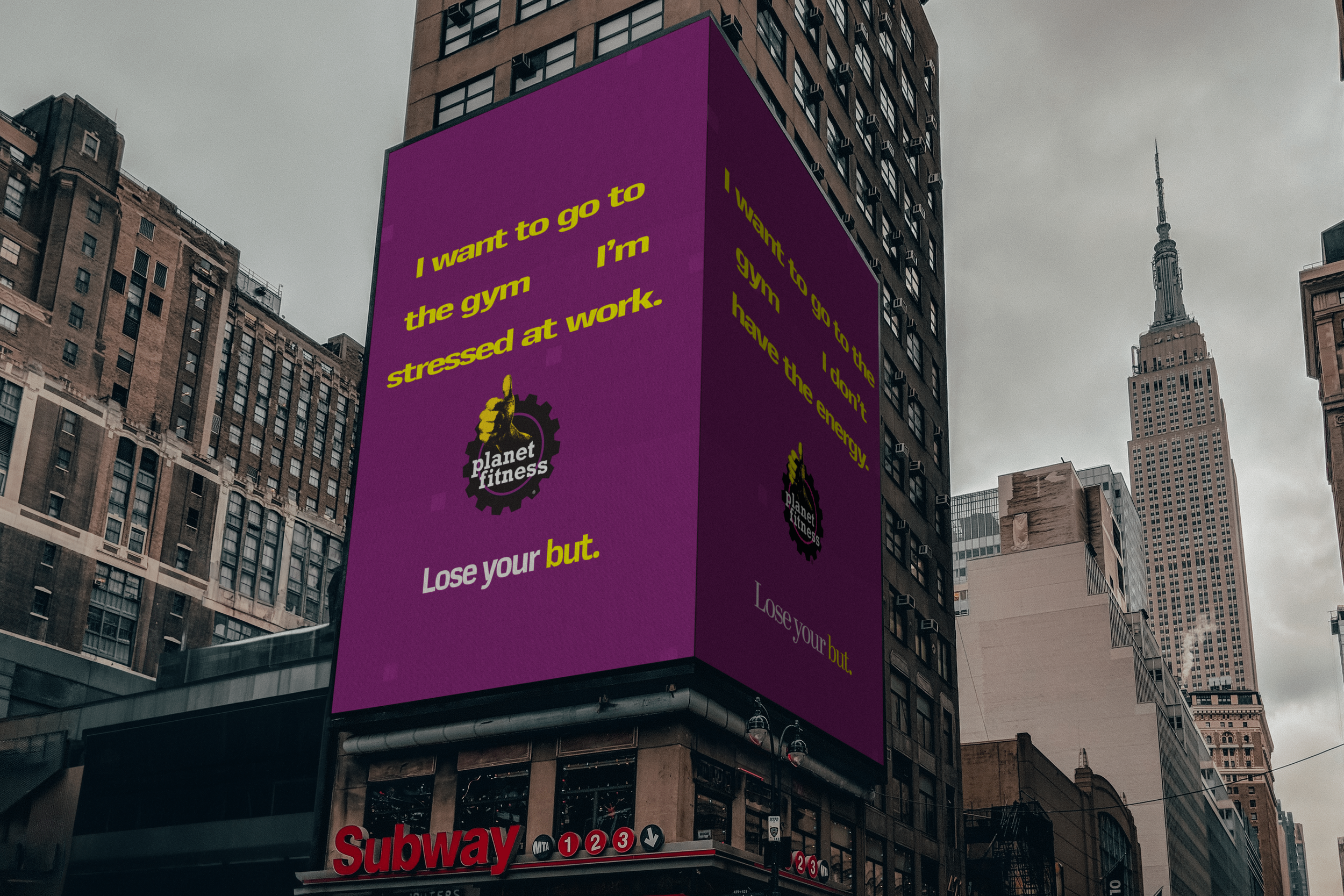 Large, purple outdoor billboard in New York City featuring Planet Fitness
