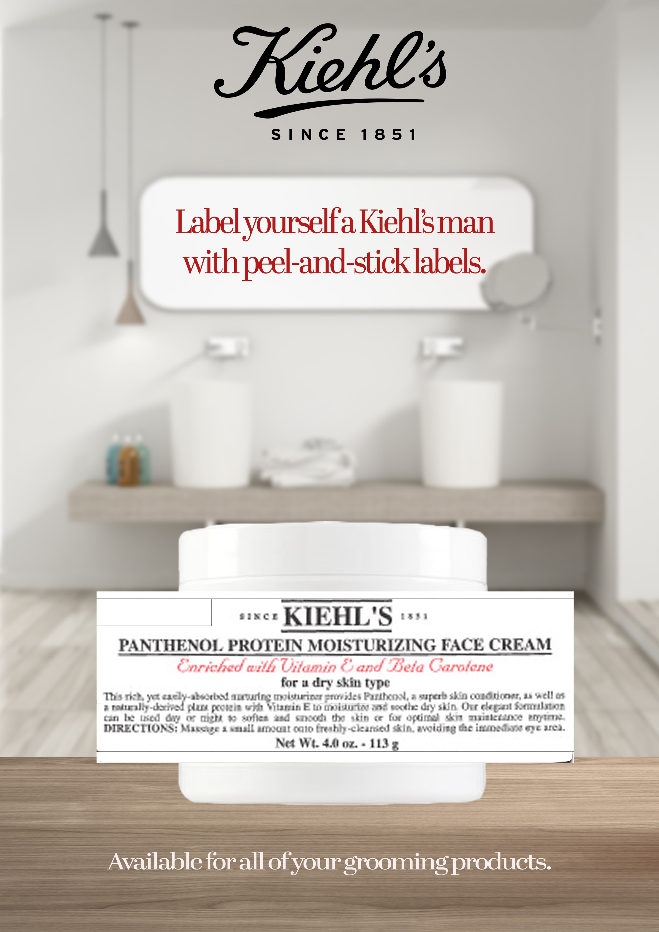 Kiehl's Panthenol Protein Moisturizing Face Cream in bathroom, text: 'Label yourself a Kiehl's man with peel-and-stick labels.'