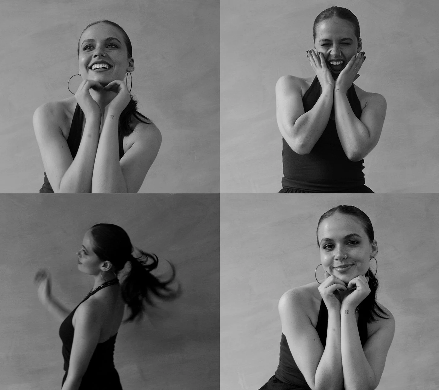 Collage of four black-and-white photos of a young woman with dark hair, wearing a sleeveless top and hoop earrings, posing against a plain background. In the top left, smiling with hands near her chin; top right, laughing with hands on her cheeks; bottom left, side profile with hair swinging; bottom right, with hands under her chin, smiling softly.