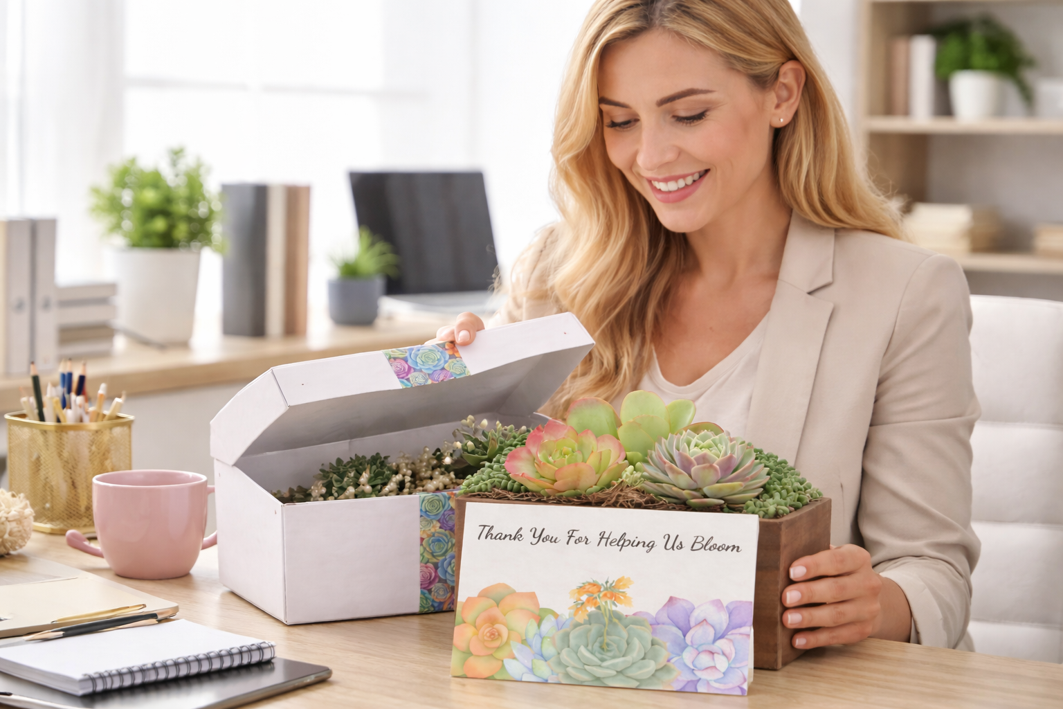 A client opening a customer appreciation gift with succulent and card