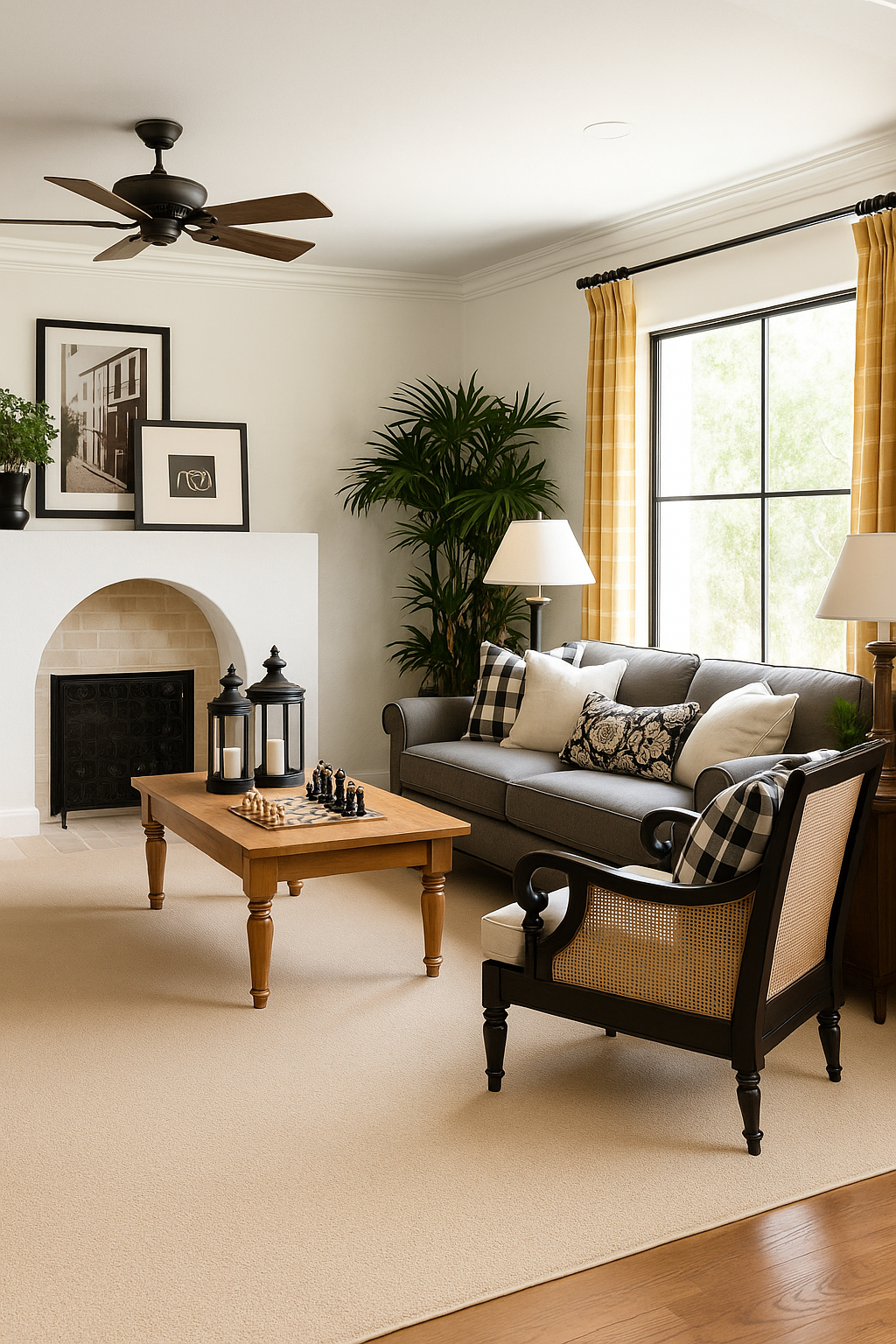 A cozy living room with a gray sofa, black and beige patterned pillows, a wooden coffee table with lanterns and a chess set, a fireplace with black lanterns, large windows with yellow plaid curtains, a tall potted plant, and framed art on the mantel.