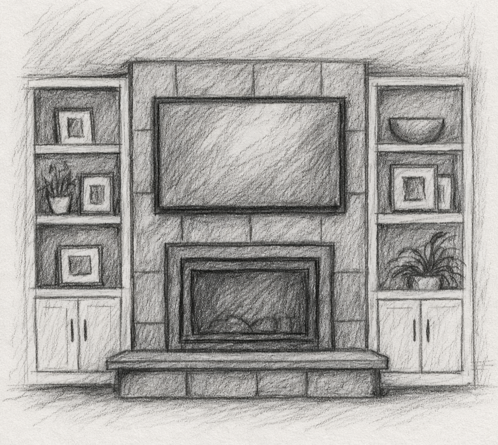 Sketch of a living room fireplace with a mounted TV above, flanked by built-in shelves with decorative items and plants.