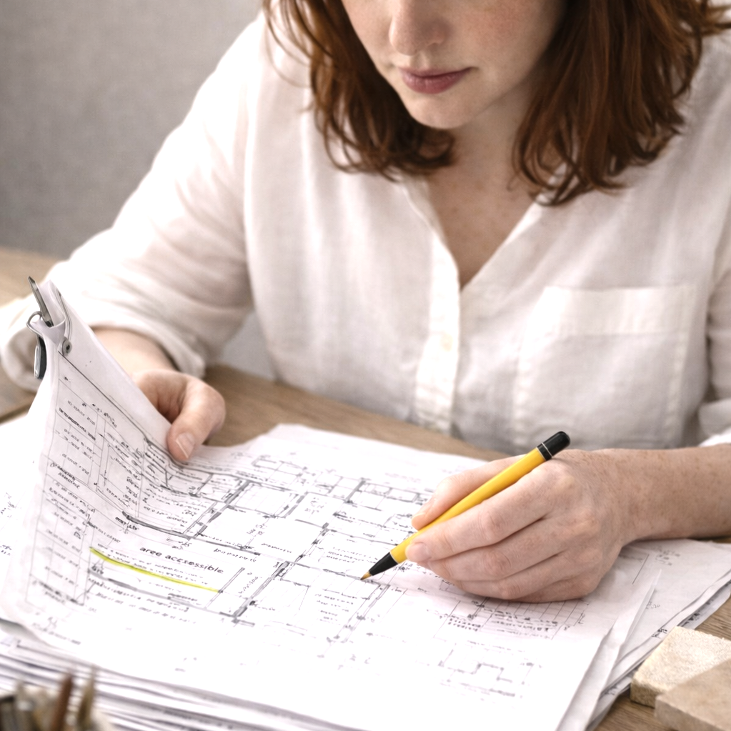 A woman in a white shirt is looking at architectural blueprints on a desk, holding a yellow pen in her right hand and flipping through the plans.