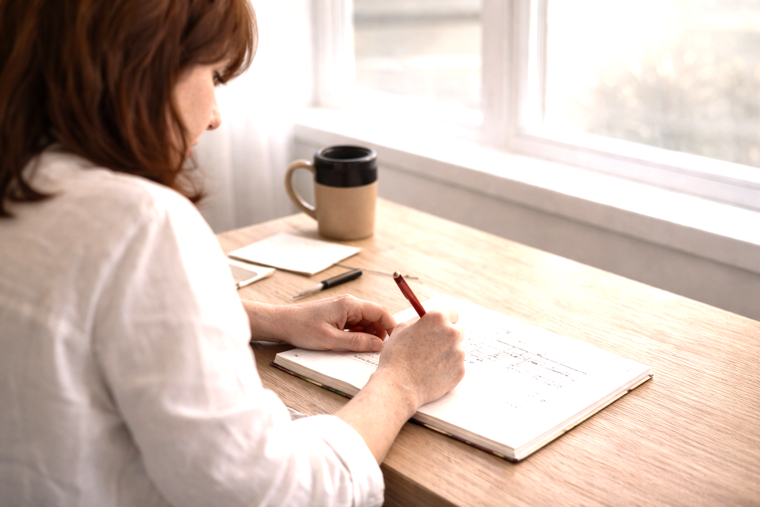 A woman with reddish hair writing in a notebook at a wooden desk next to a window, with a black and beige mug, a smartphone, a pen, and some papers on the desk.