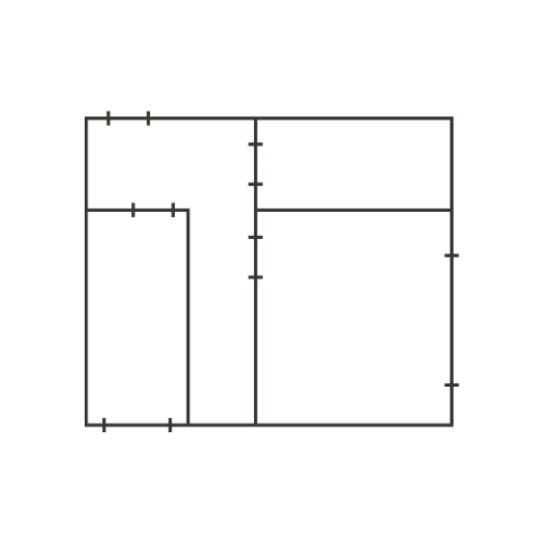 Geometric drawing of an outline square with sections divided by vertical, horizontal, and diagonal lines.