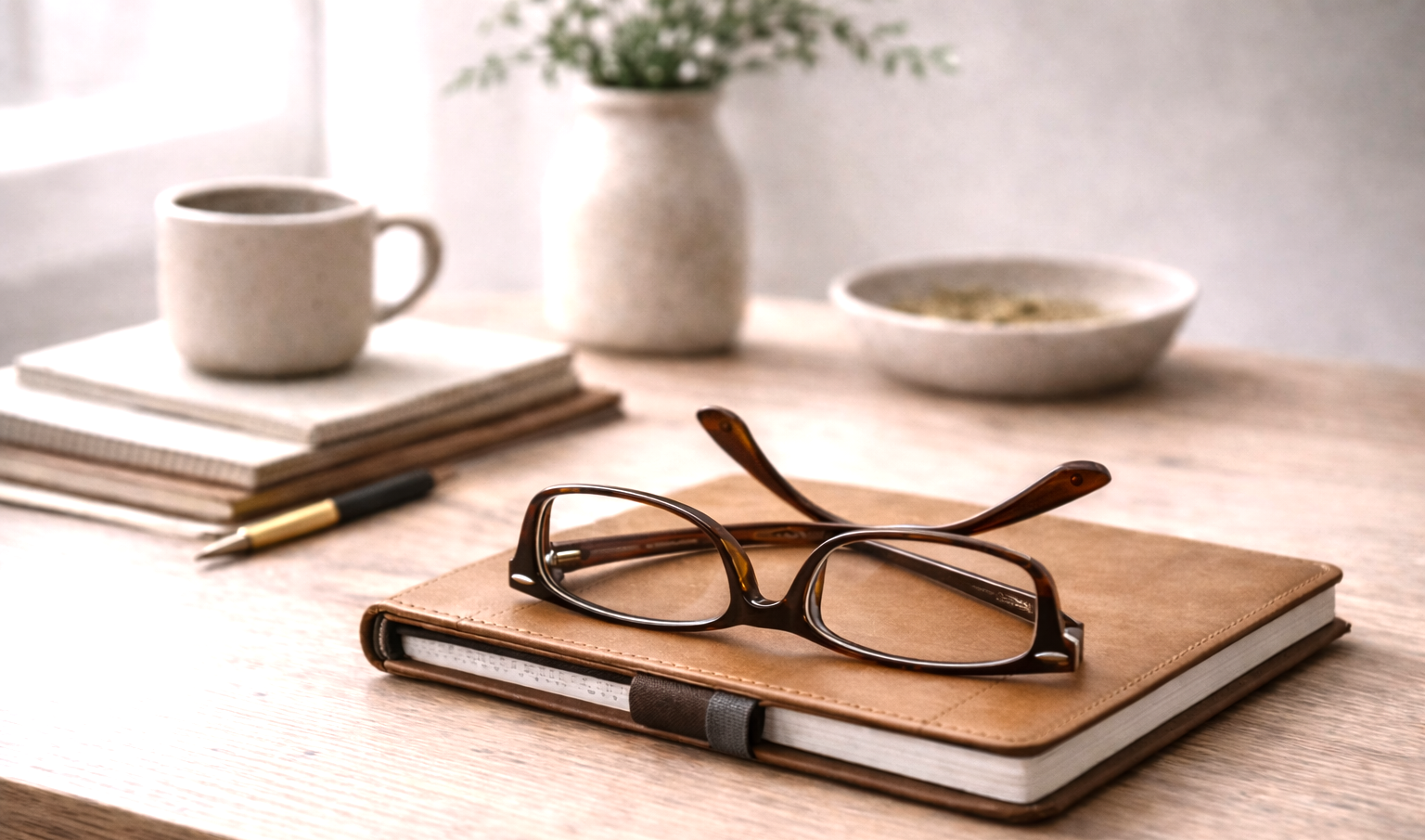 A pair of eyeglasses resting on a closed notebook on a wooden table in a well-lit room, with a mug, a pen, a stack of books, a vase with flowers, and a bowl in the background.