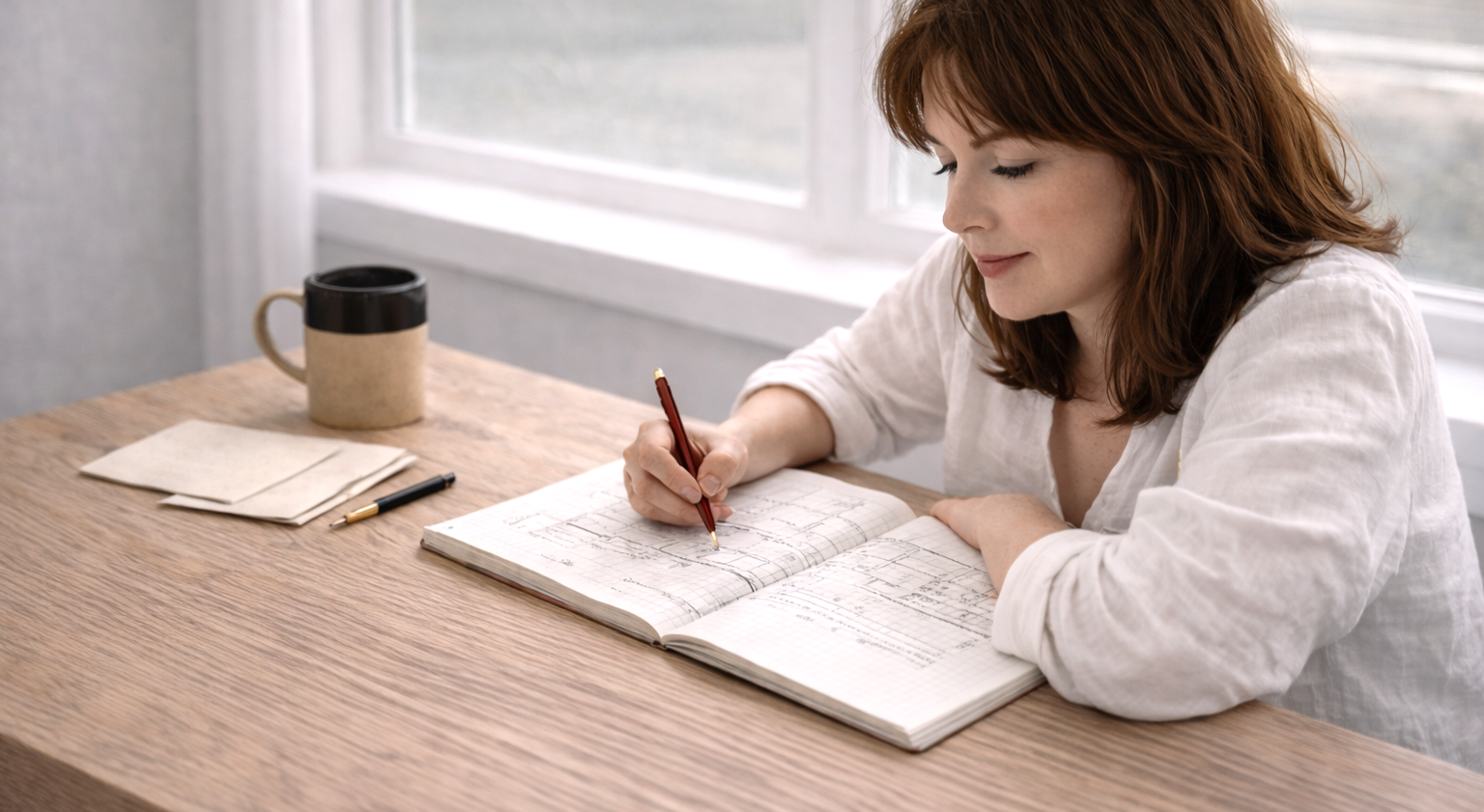 A woman with red hair sits at a wooden table, writing in a notebook with architectural sketches, with a coffee mug, a pen, and some papers nearby, near a window.