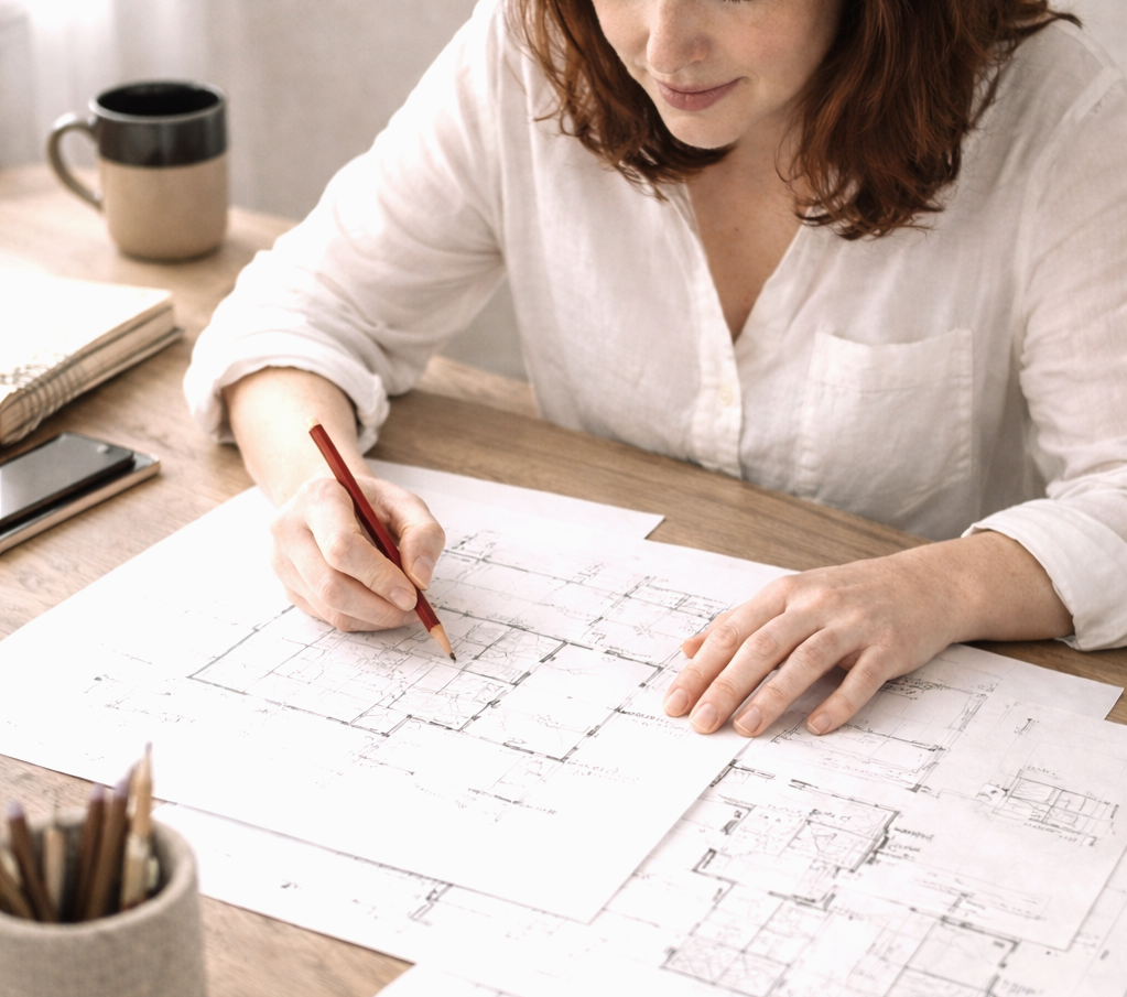 A woman in a white shirt sketches architectural plans on paper at a wooden desk, with a cup, notebook, and phone nearby.