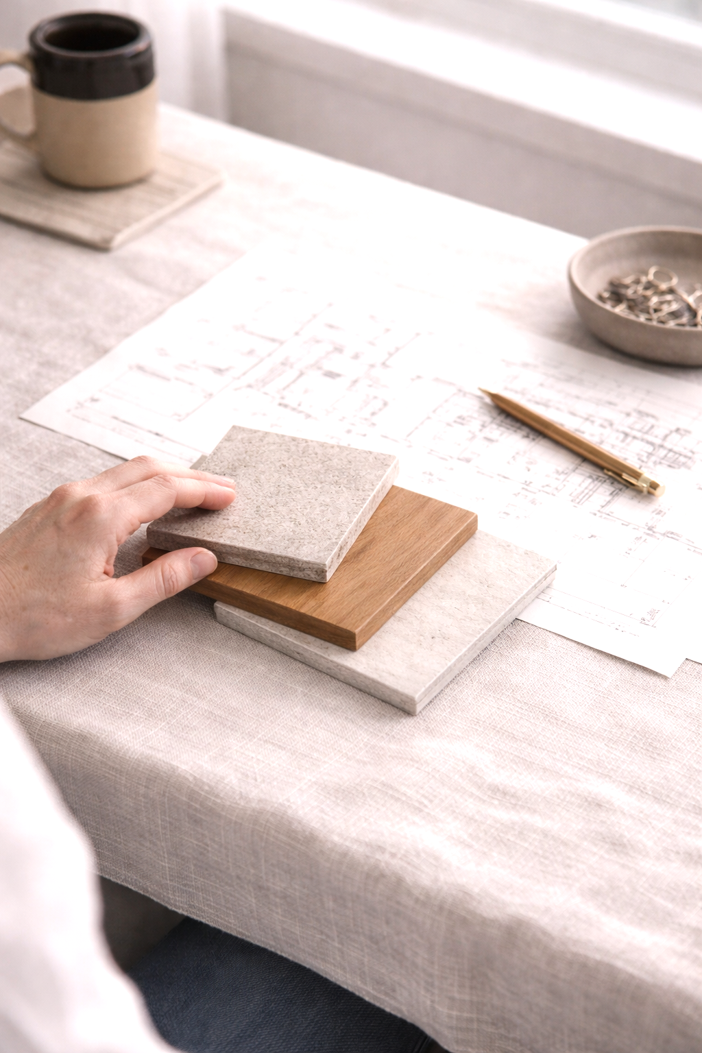 A person arranging samples of different materials, such as stone and wood, on a table with architectural blueprints and tools.