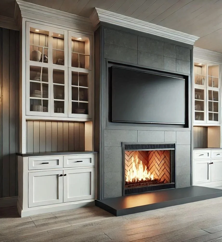 A modern living room fireplace with a flat-screen TV mounted above it, surrounded by built-in white cabinets with glass doors and decorative items, adjacent to large windows.