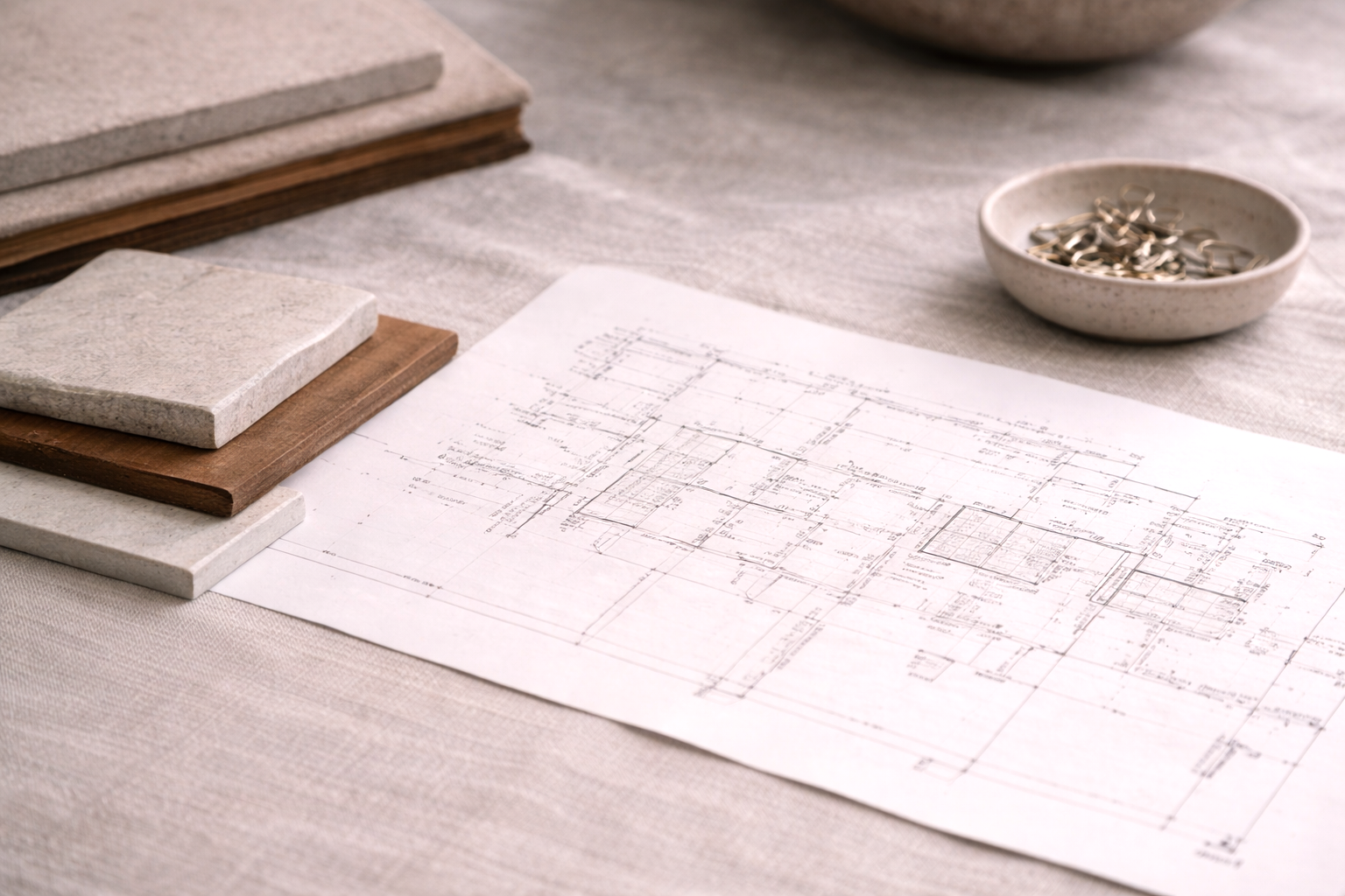 Architectural blueprint with samples of tile and a bowl of hooks on a table.