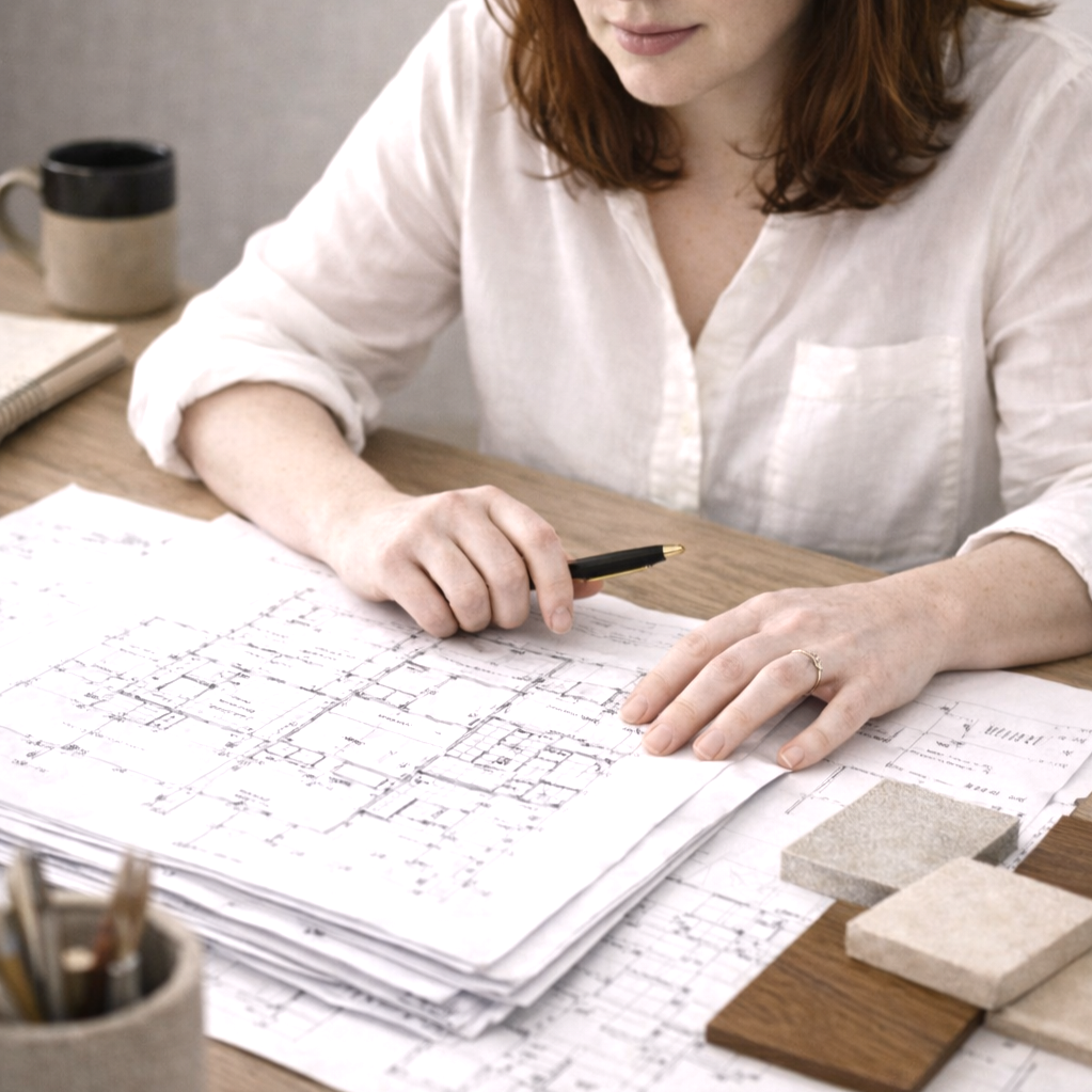 A woman working on architectural blueprints at a desk with sample tiles and a coffee mug.