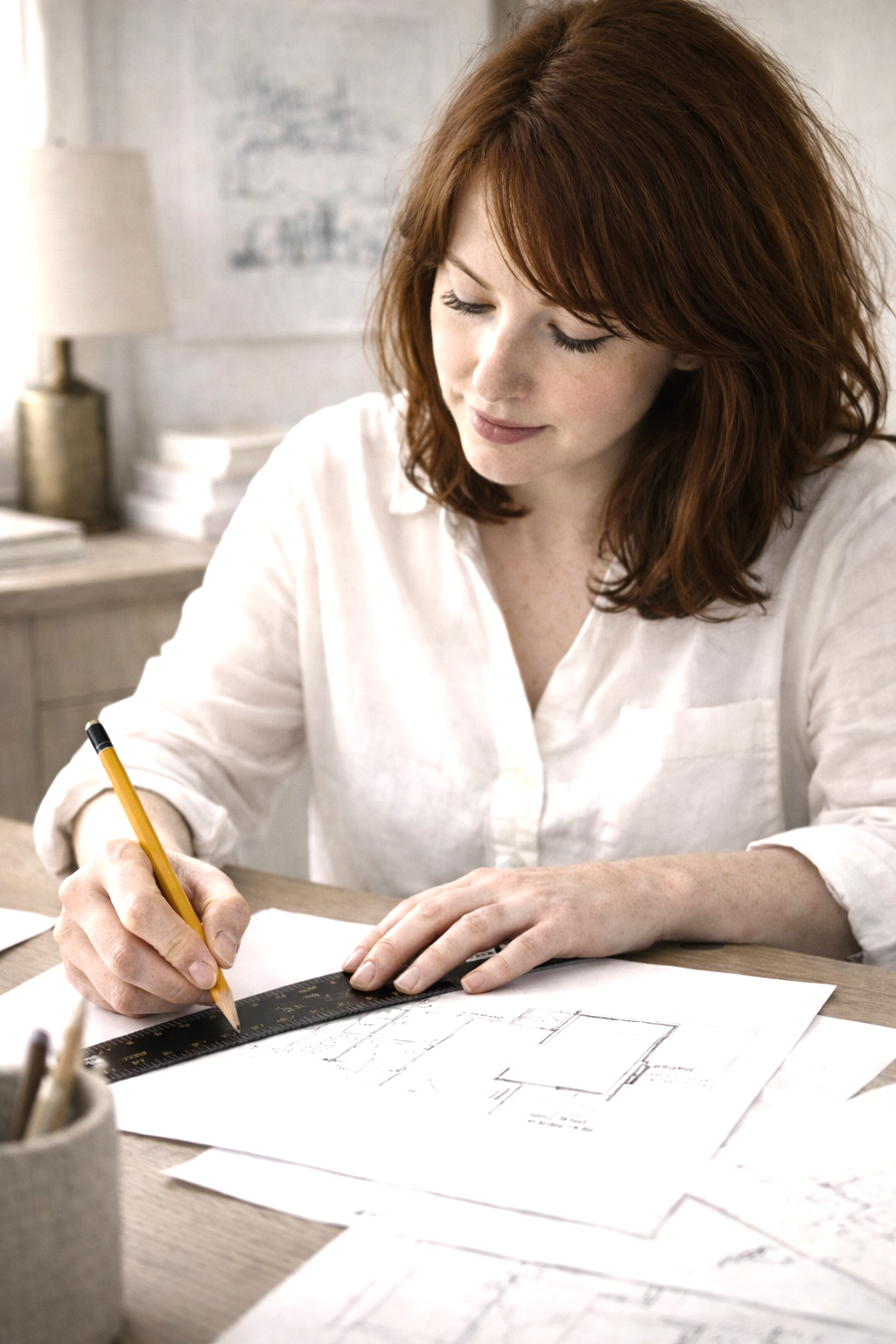 A woman with red hair, wearing a white shirt, is sitting at a desk drawing architectural plans with a pencil and a ruler.