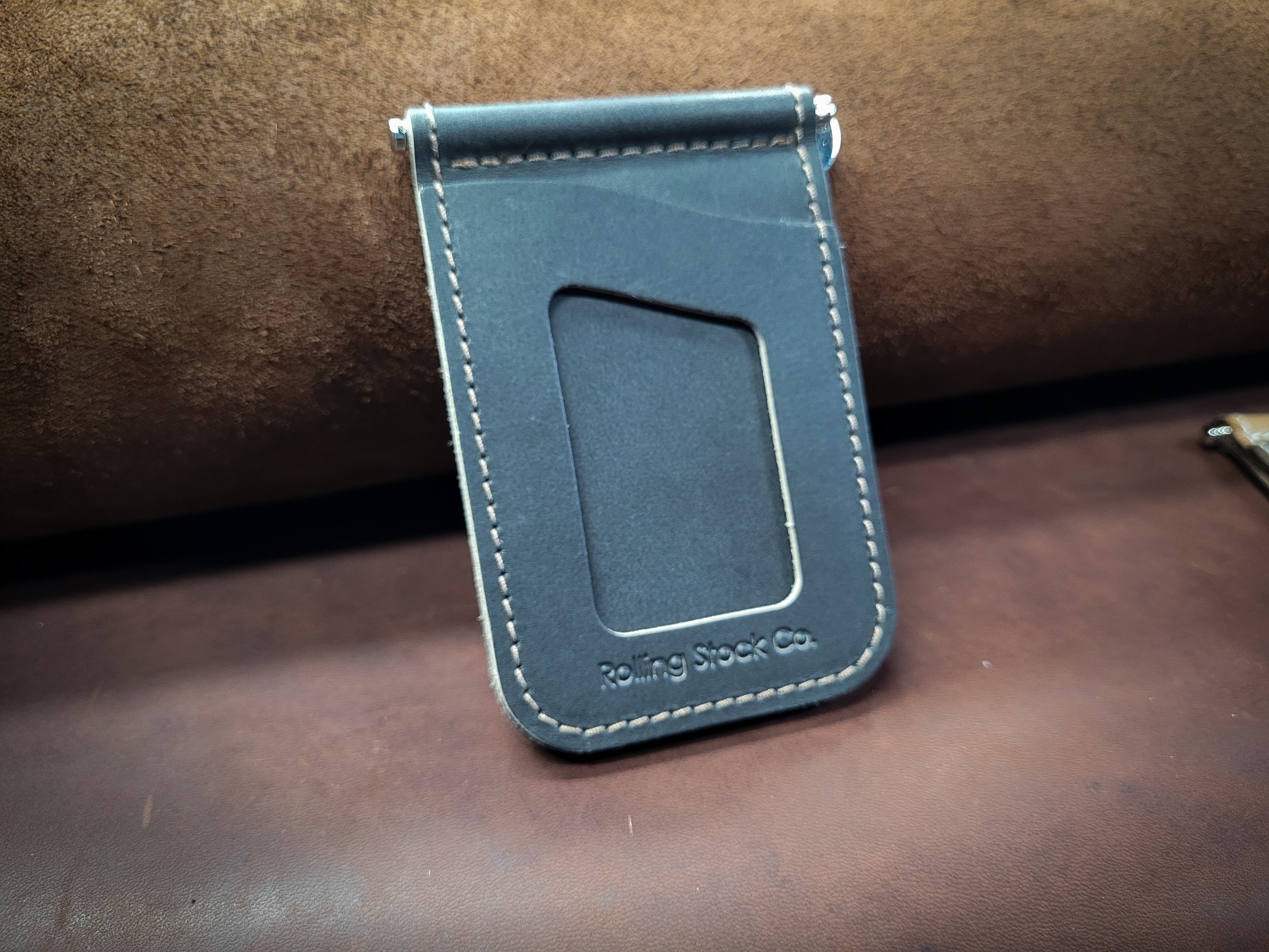 The Original Erie Money Clip - Slate Grey with Brown Stitching