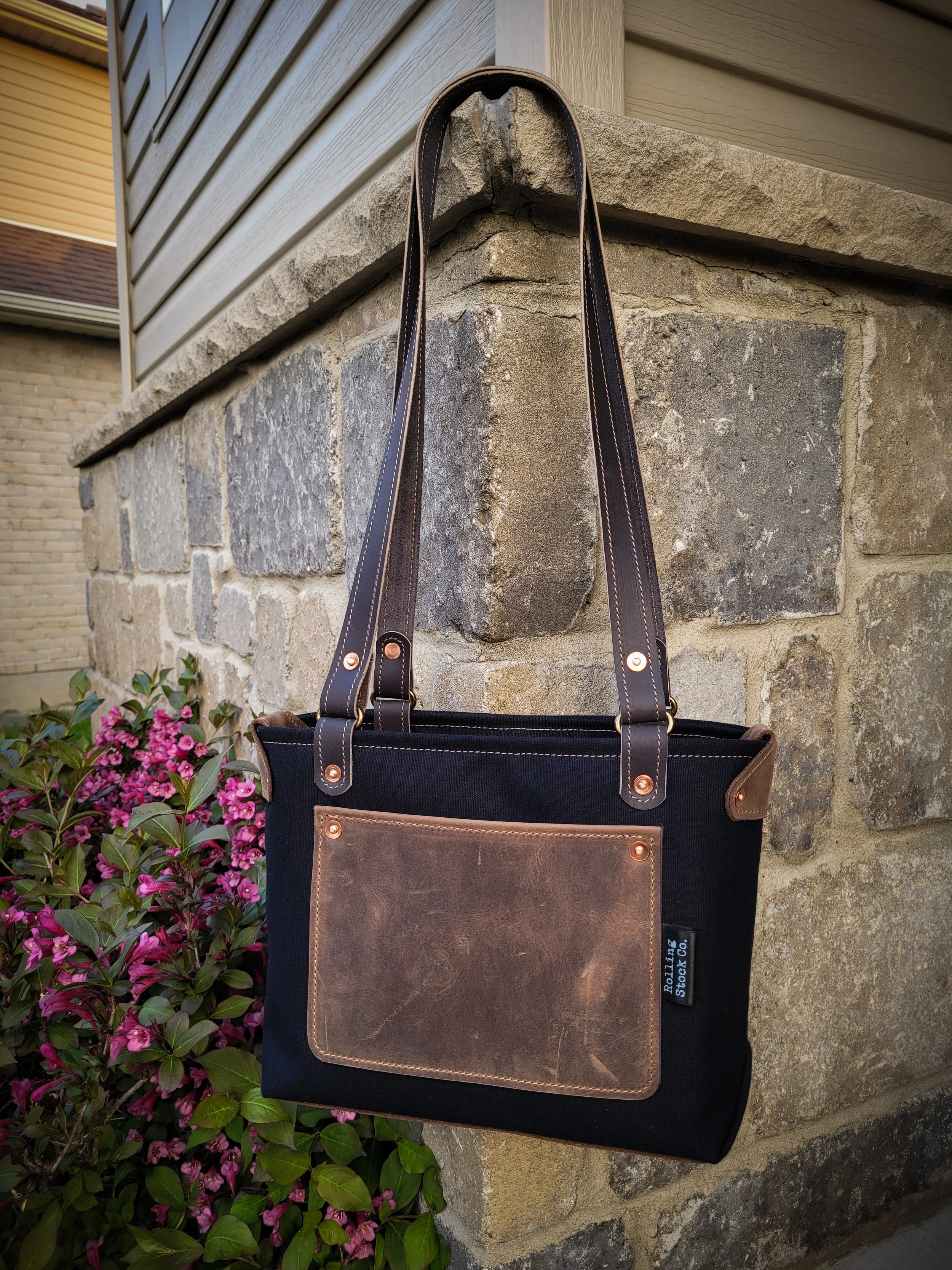 Atlantic Tote (Small) - Black Canvas with Brown Leather Pockets