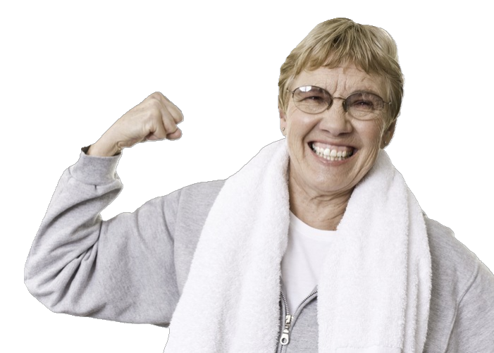 Elderly woman smiling, flexing arm, wearing towel