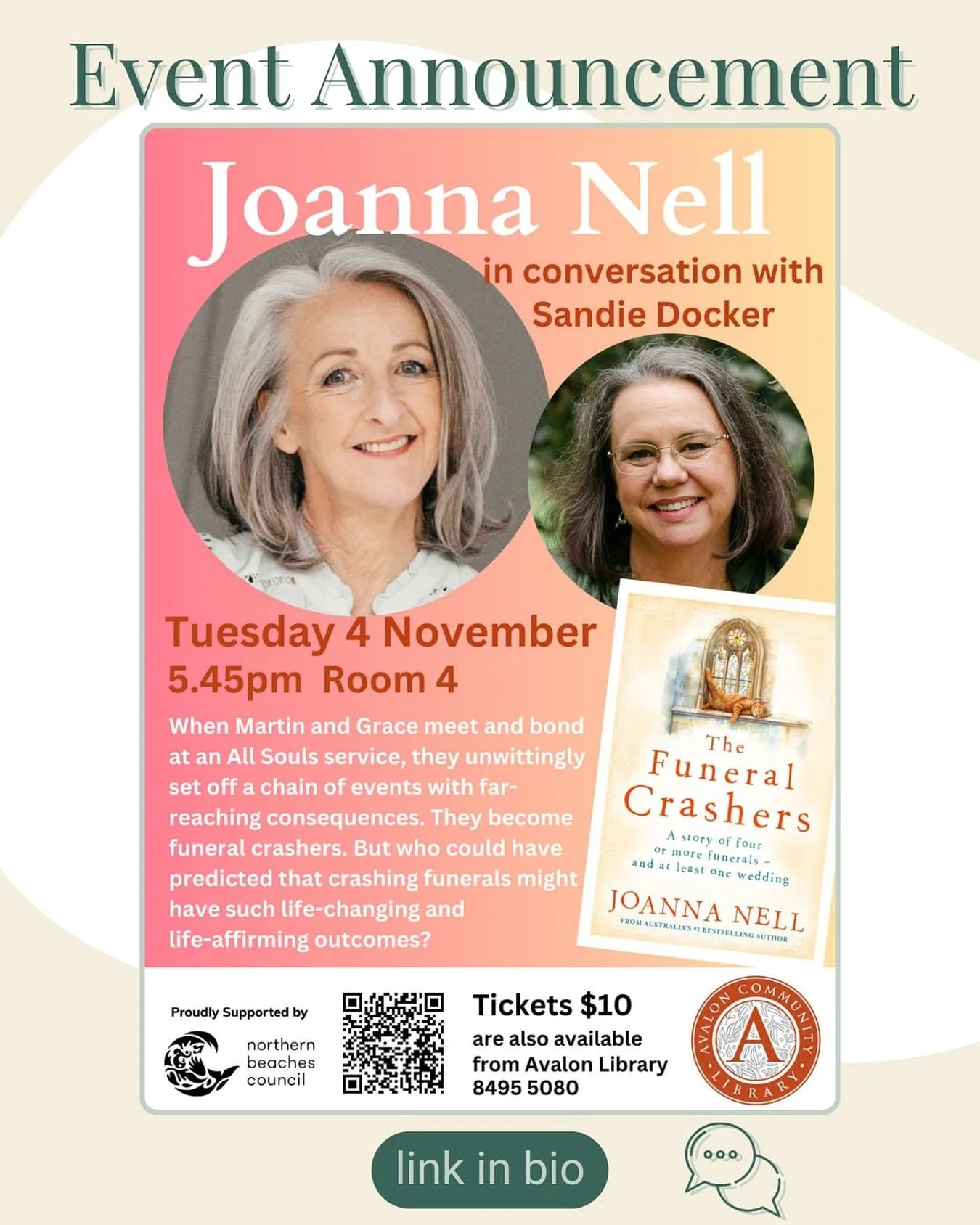 Sooooo looking forward to chatting with @joanna_nell_writer at @avaloncommunitylibrary in a couple of weeks about her gorgeous new book, The Funeral Crashers. Warmth, humour and all the feels are trademarks for Jo&rsquo;s stories and this new novel i