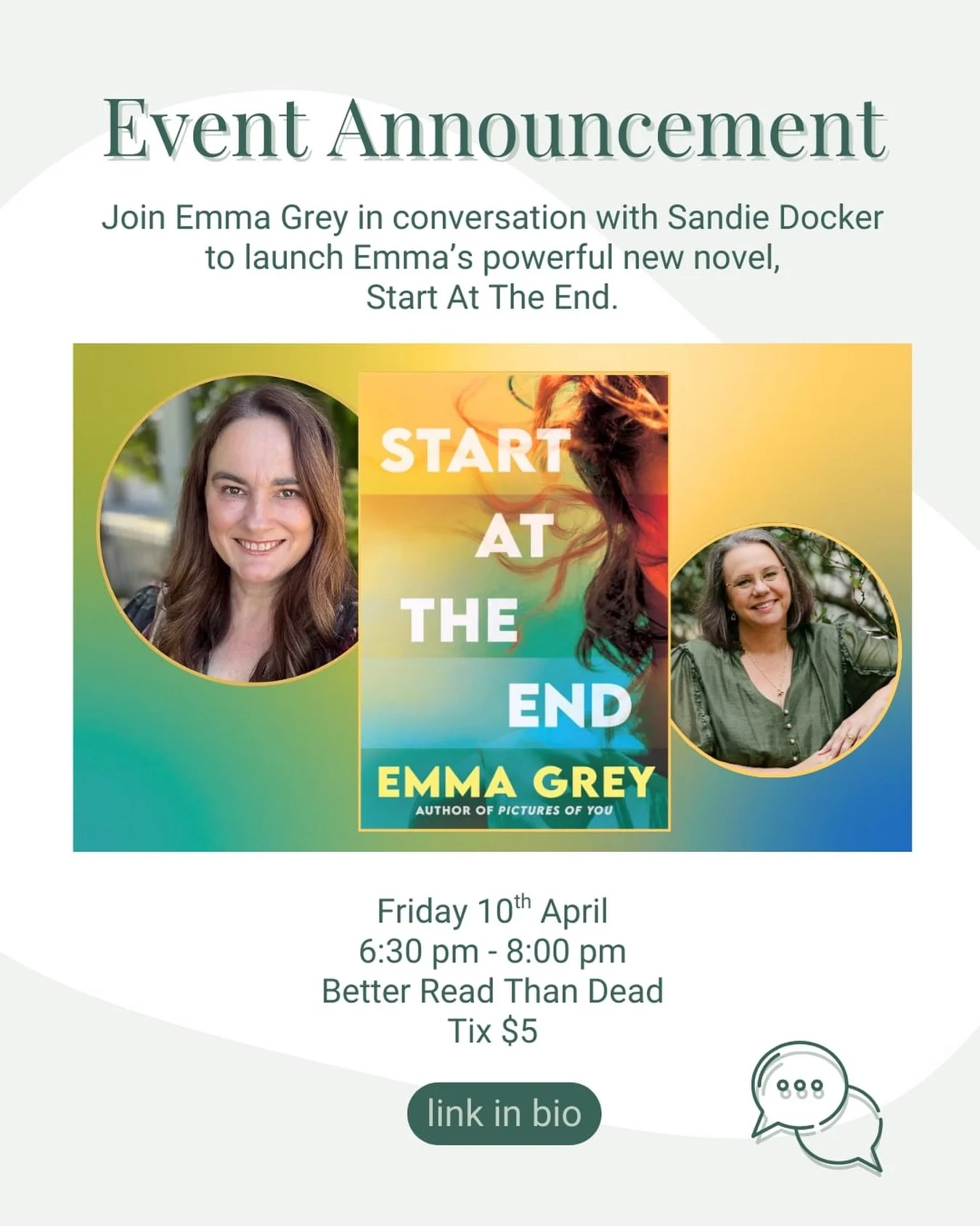 First event for 2026 and I&rsquo;m beyond excited to be chatting with the amazing @emmagreyauthor about her new book, Start At The End. Tix for this will go fast, so book now (link in bio)!!!