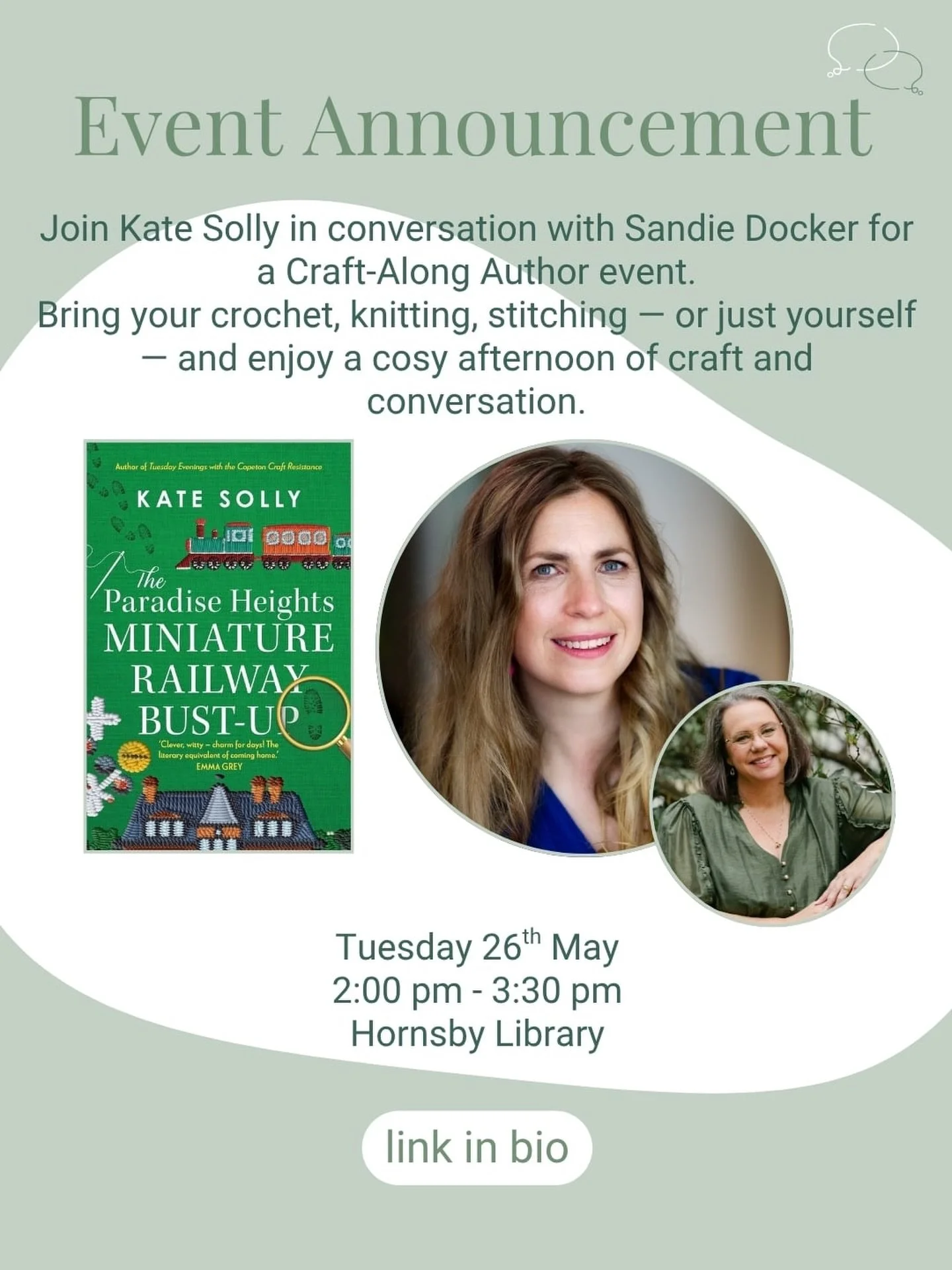 Very excited to let you know @katesollywriter is coming to Sydney to do a couple of events to celebrate the release of her latest novel, The Paradise Heights Miniature Railway Bust-up! The first of which is a CRAFT-ALONG* (yes, you read the right), w