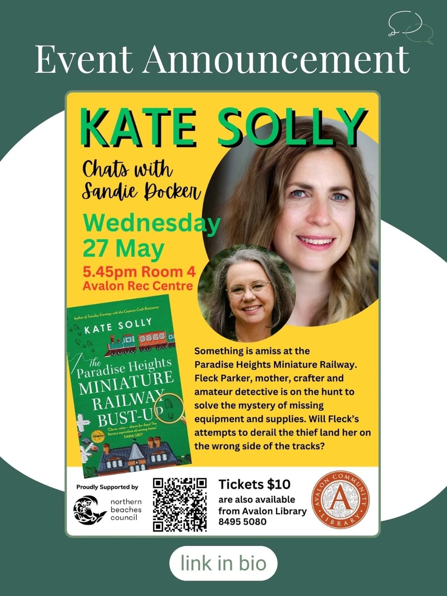 The second @katesollywriter Sydney event I&rsquo;m honoured to be facilitating, is with @avaloncommunitylibrary on May 27th. Join us for an insightful chat, some nibbles and bubbles, and a lot of fun.
Booking link in my bio under events. Hope to see 