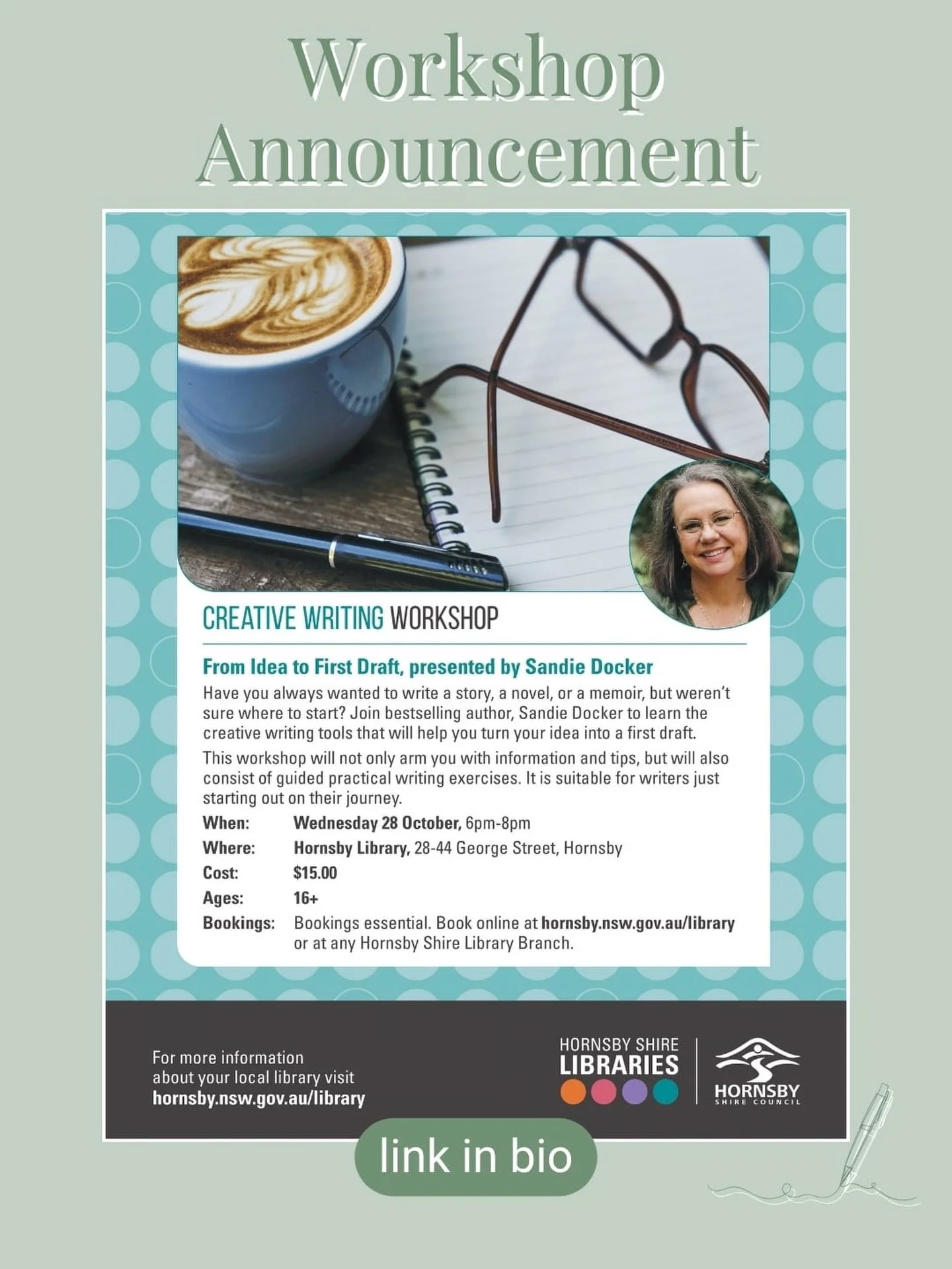 I&rsquo;m heading back to @hornsbyshirelibraries at the end of this month to deliver my From Idea To First Draft workshop. This sold out last time I ran it, so if you&rsquo;re in the Hornsby shire area and have been putting off starting that novel yo
