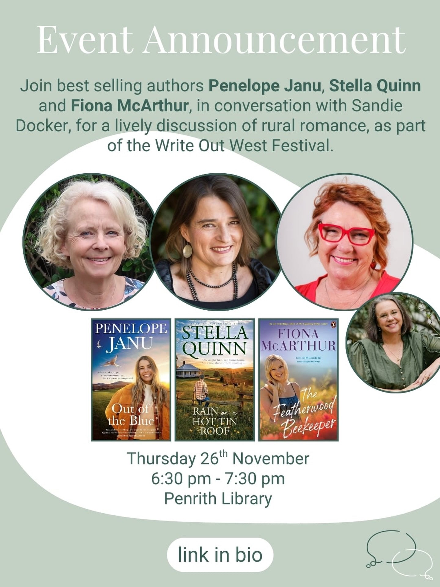 So excited to be facilitating this fabulous panel &lsquo;A Rural Romance&rsquo; at @penrithcitylibrary in November as part of the Write Out West festival, featuring the amazing @penelopejanuwriter @stella.quinn.author and @fiona_mcarthur_author . I c