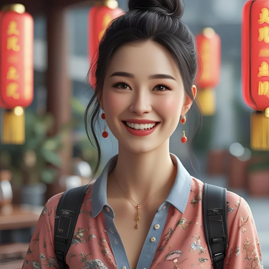 A smiling young woman with dark hair styled in a bun, wearing a floral pink and blue shirt, red earrings, and a backpack, standing outdoors near red Chinese lanterns.