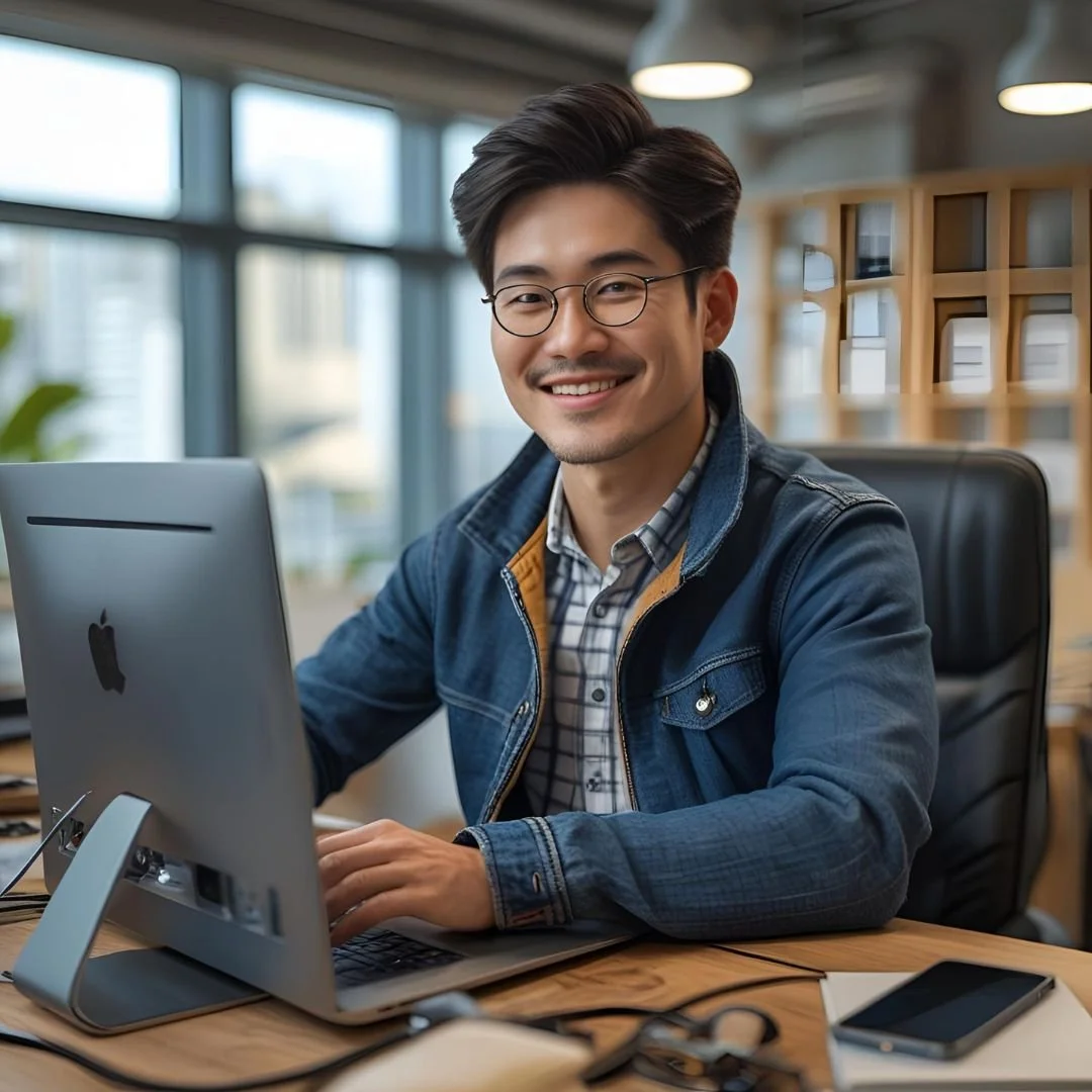 A young man with glasses, smiling, working on an Apple computer at a desk in a modern office space with large windows.