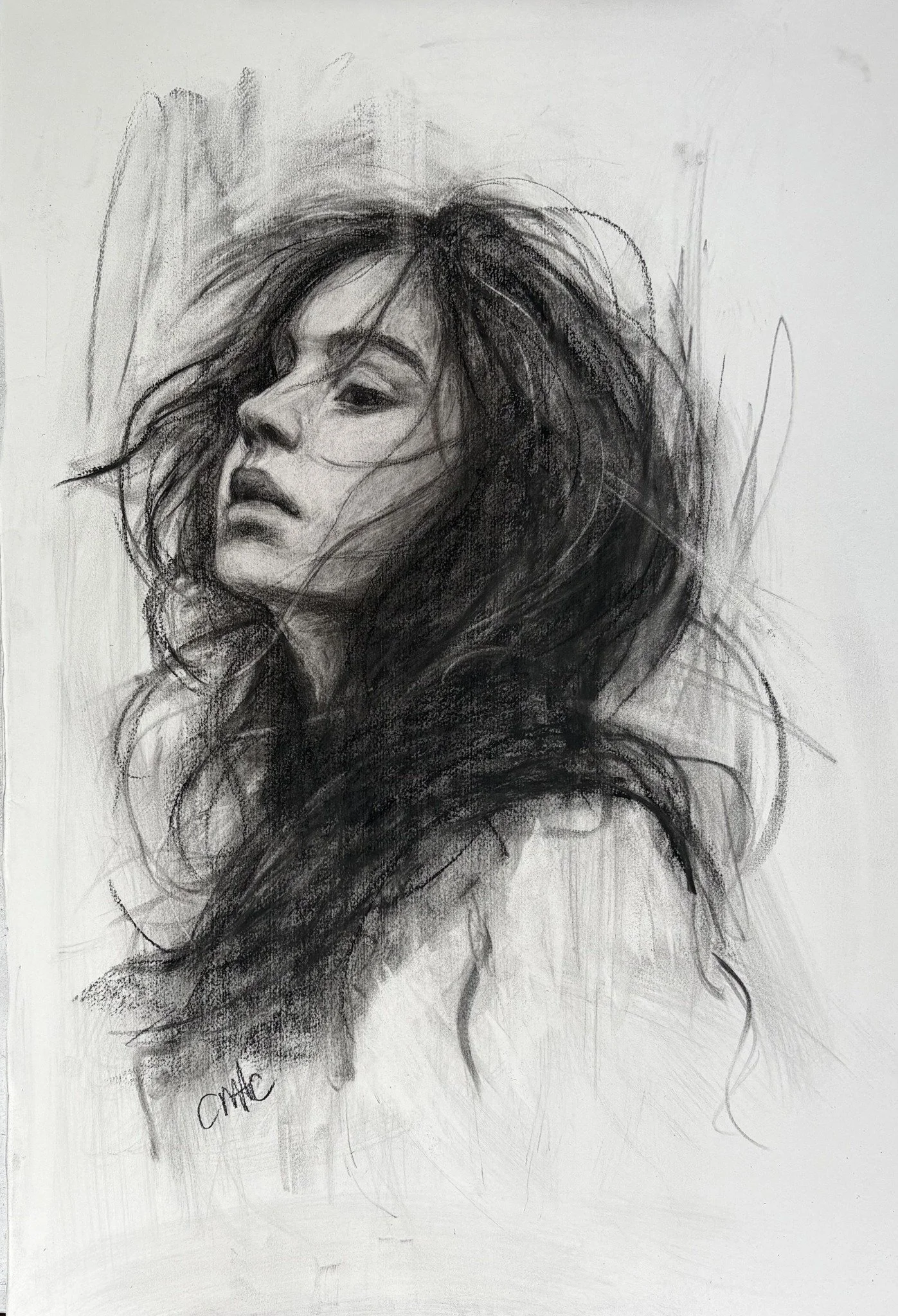 Charcoal drawing of a woman with long, flowing hair, looking to the side with a serious expression.