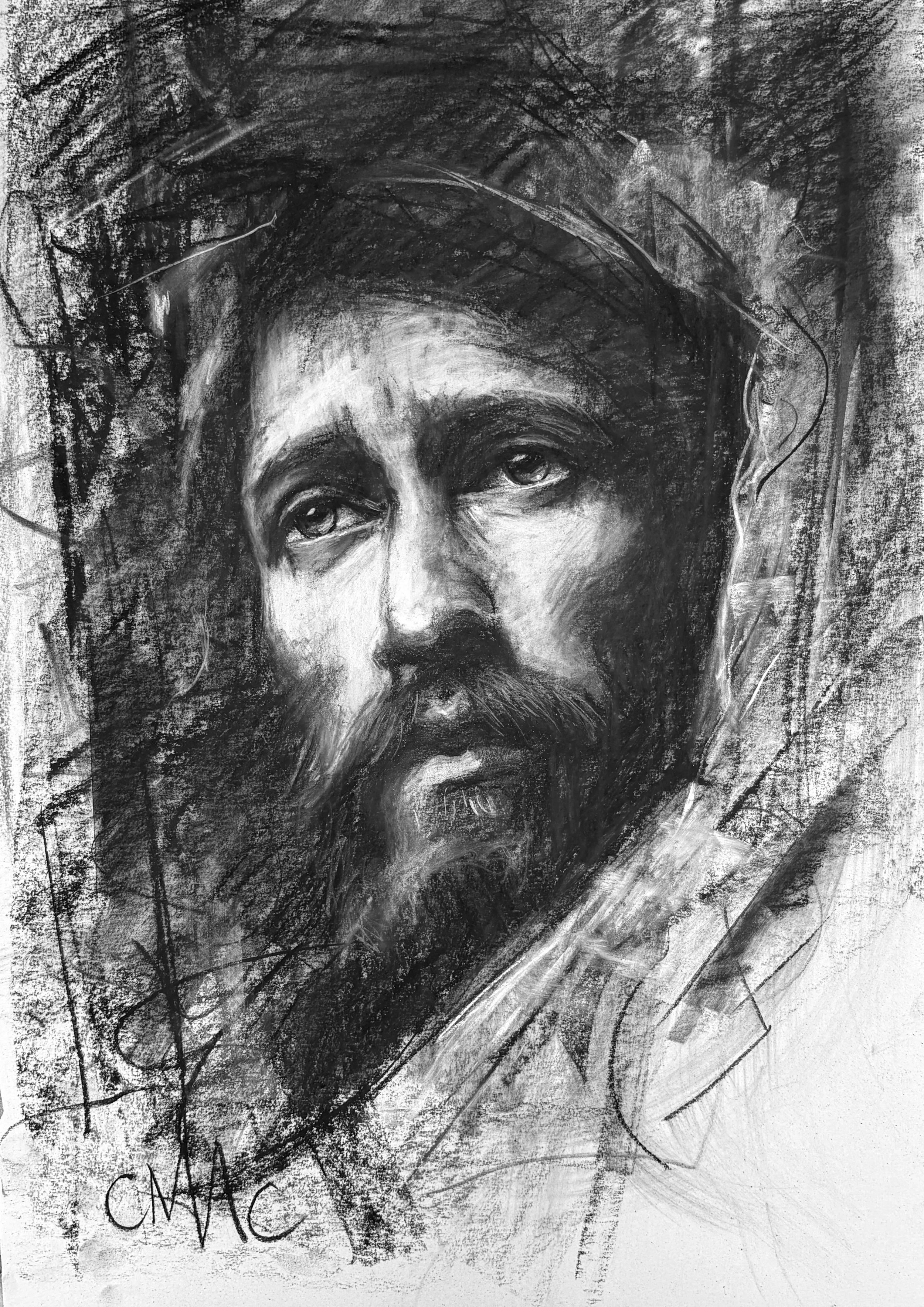 Black and white portrait of Jesus Christ with a crown of thorns, depicted with a solemn expression, long hair, and a beard, created in a sketchy artistic style.