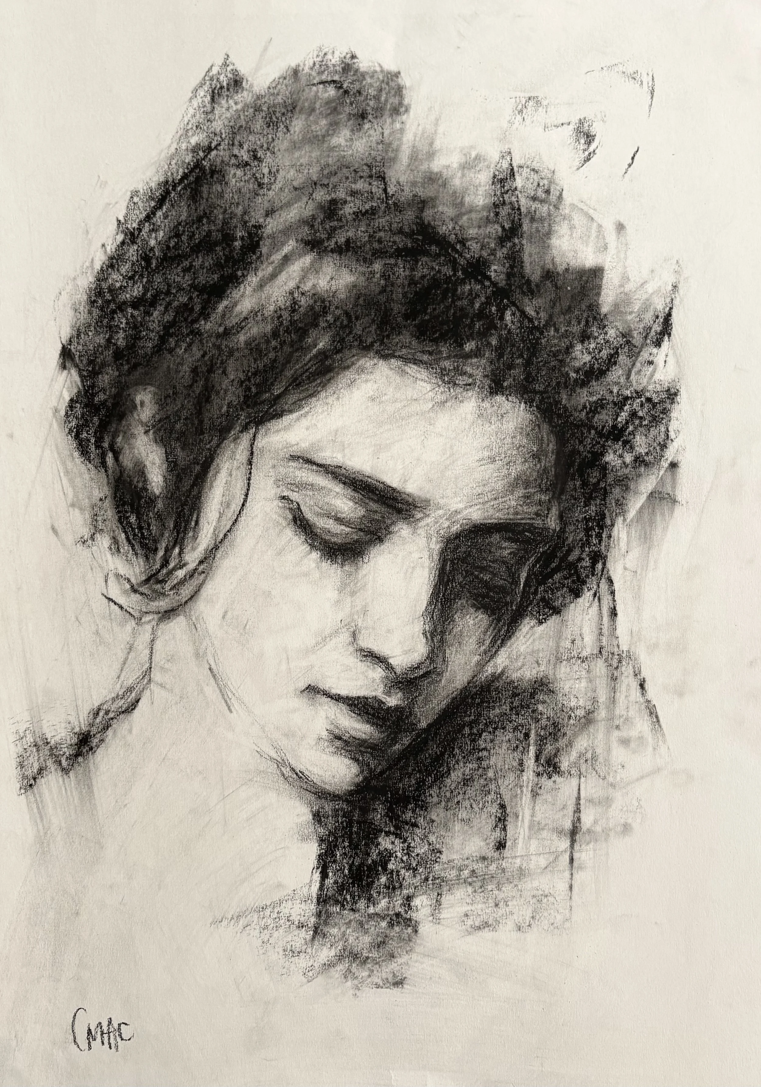 A black and white portrait sketch of a woman with her eyes closed, with detailed shading and textured strokes.