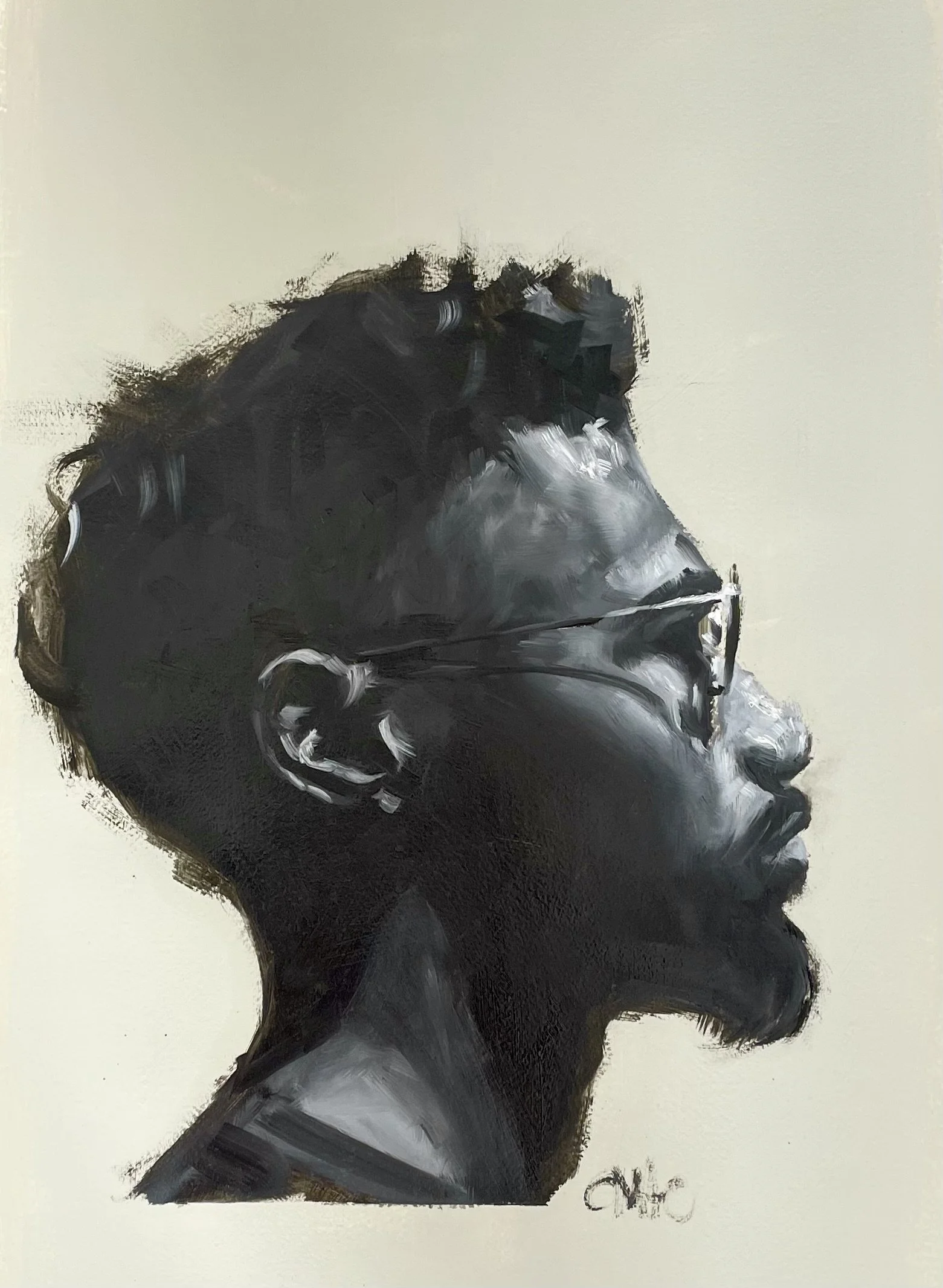 A black and white portrait painting of a man in profile, wearing glasses, with short hair and a mustache.