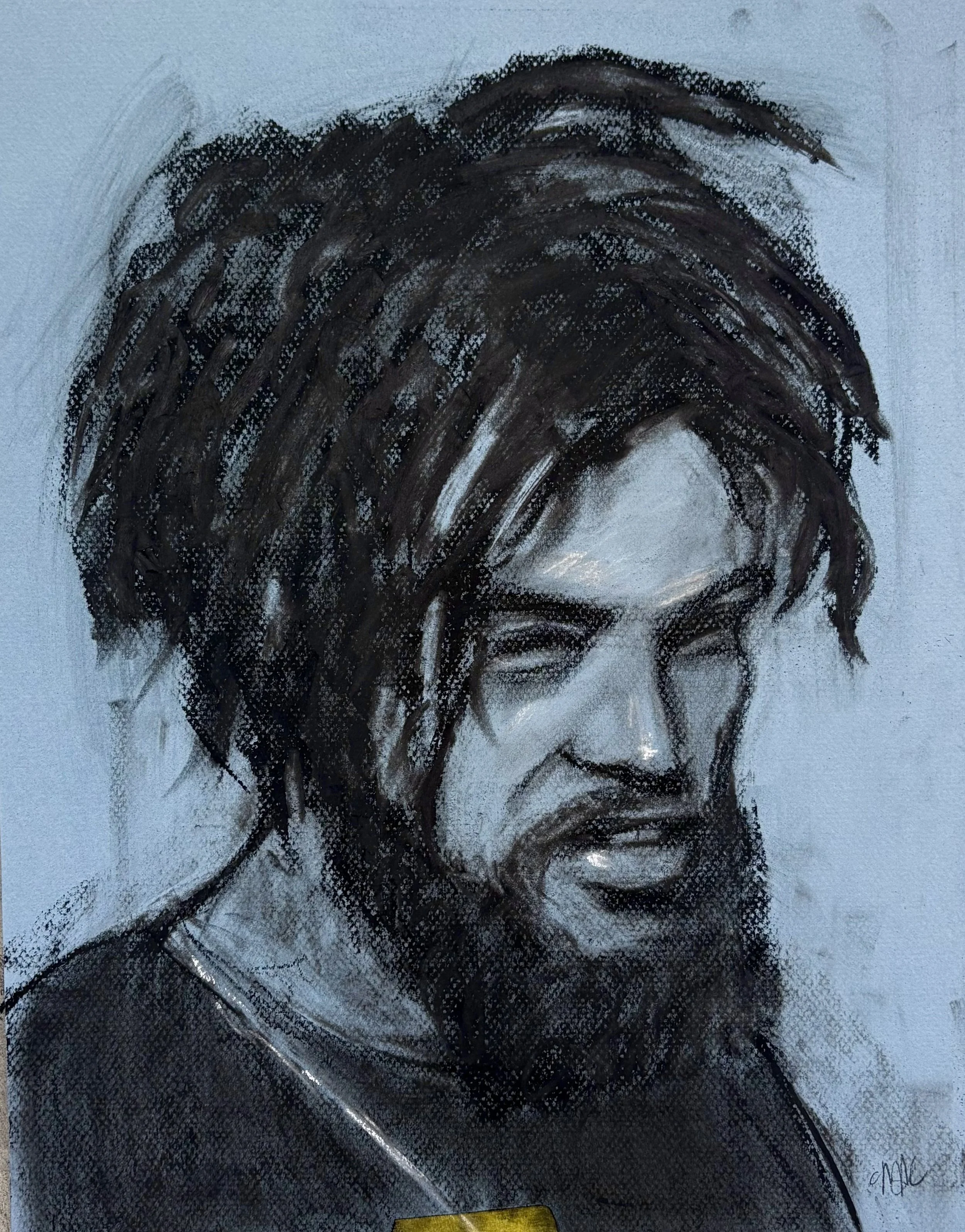 Black and white sketch of a man with dreadlocks and a beard, smiling with visible teeth, wearing a dark shirt