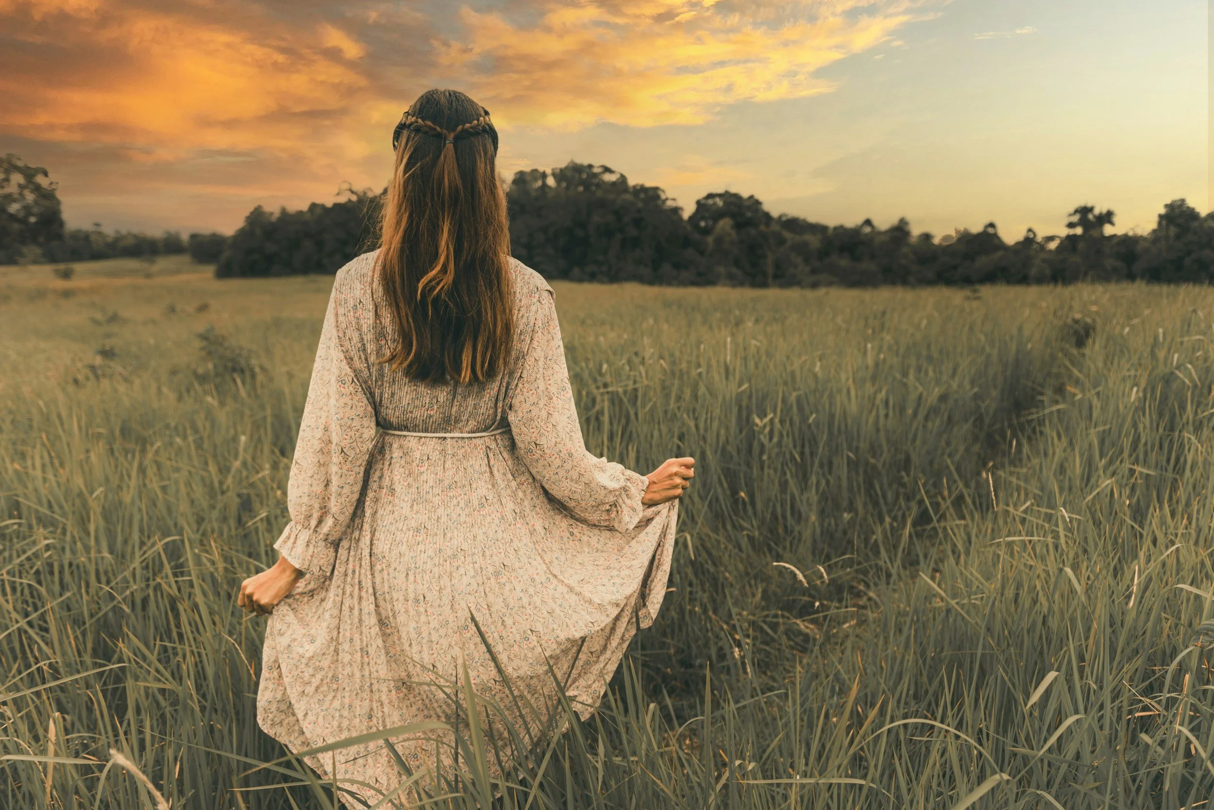 A woman with long hair, wearing a patterned dress, is sitting in a field of tall grass, facing away from the camera, during a sunset with colorful clouds.