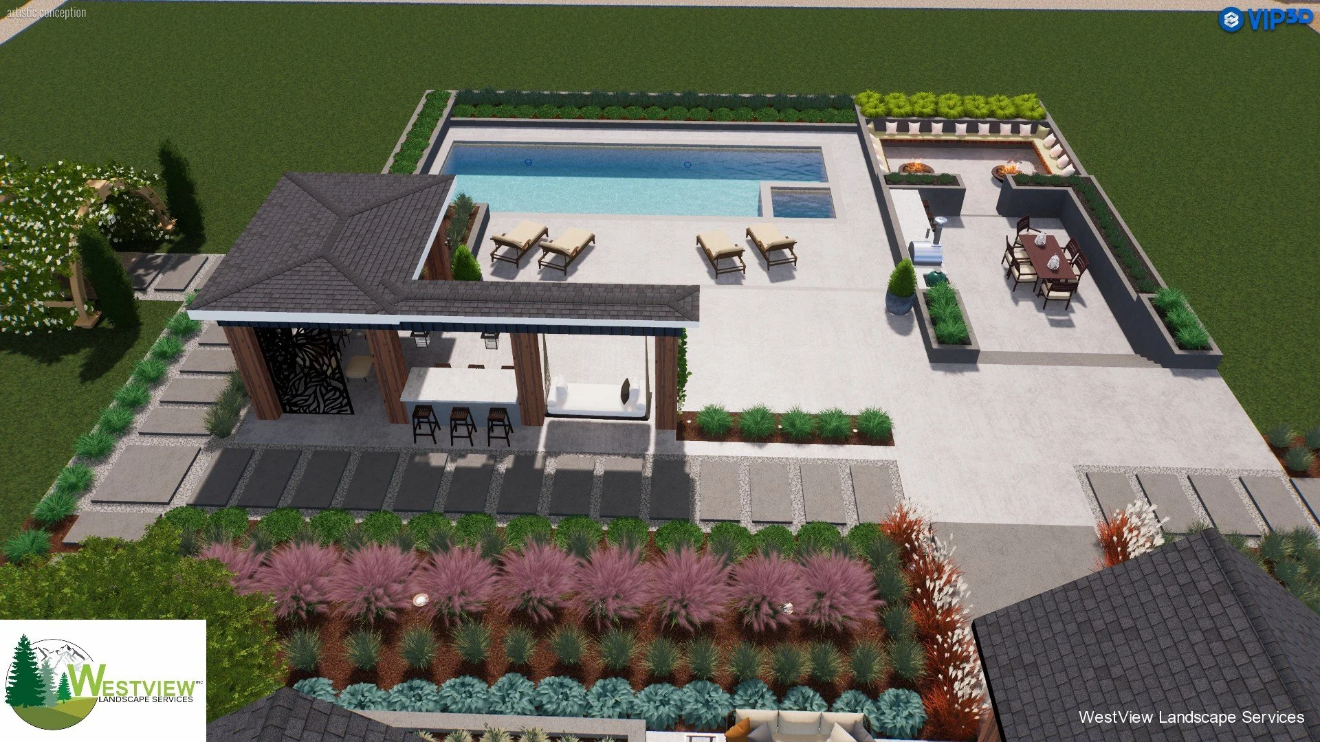 A landscaped backyard with a swimming pool, poolside chairs, a shaded lounge area, a dining area with a table and chairs, garden beds with shrubs, potted plants, a decorative wooden arch, and a pathway, designed by WestView Landscape Services.