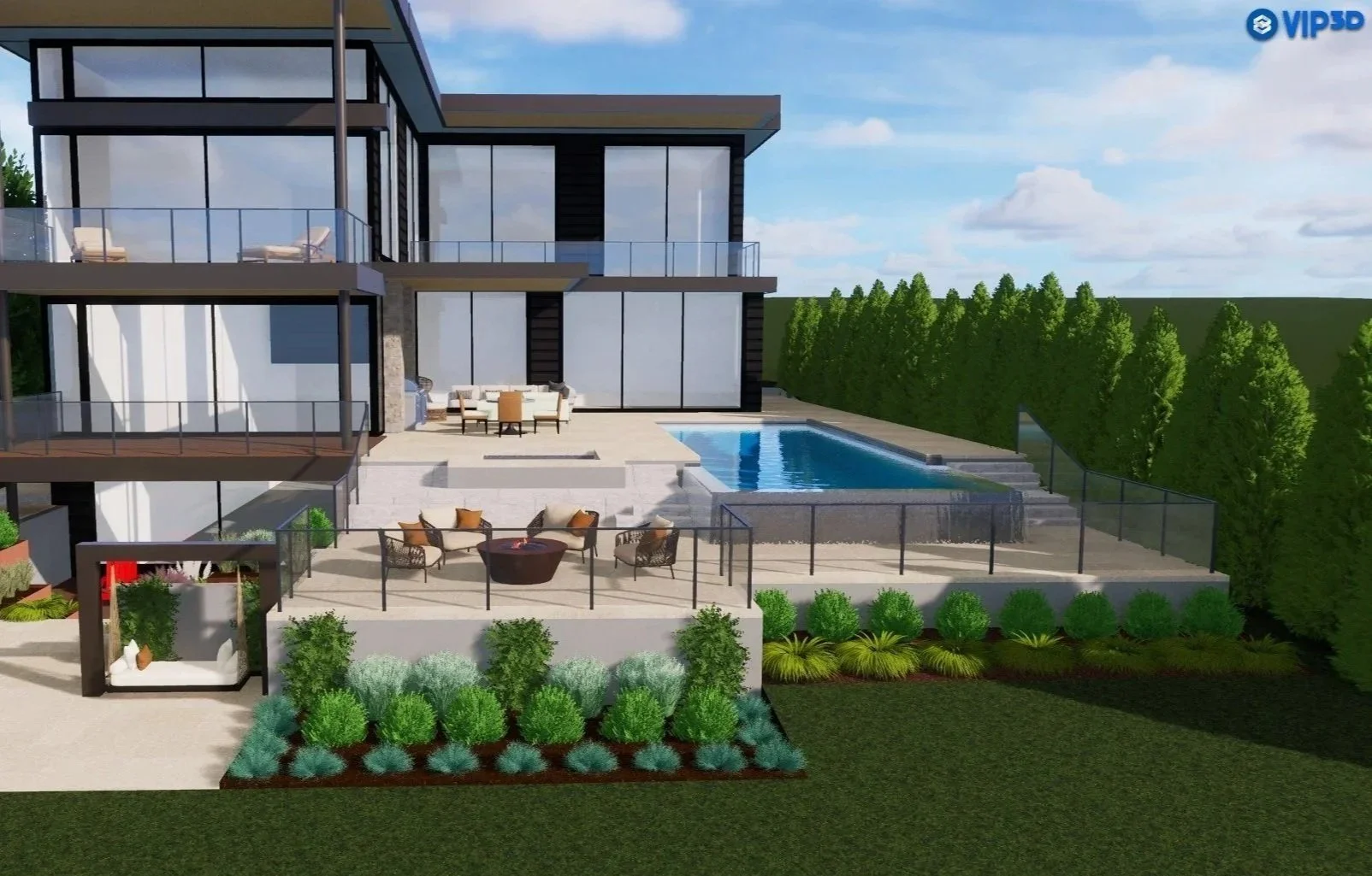 A modern multi-story house with large glass windows and multiple outdoor balconies. In the backyard, there is a swimming pool with surrounding lounge area and outdoor seating. The yard features landscaped bushes, plants, and a grassy lawn with a privacy hedge of tall trees.