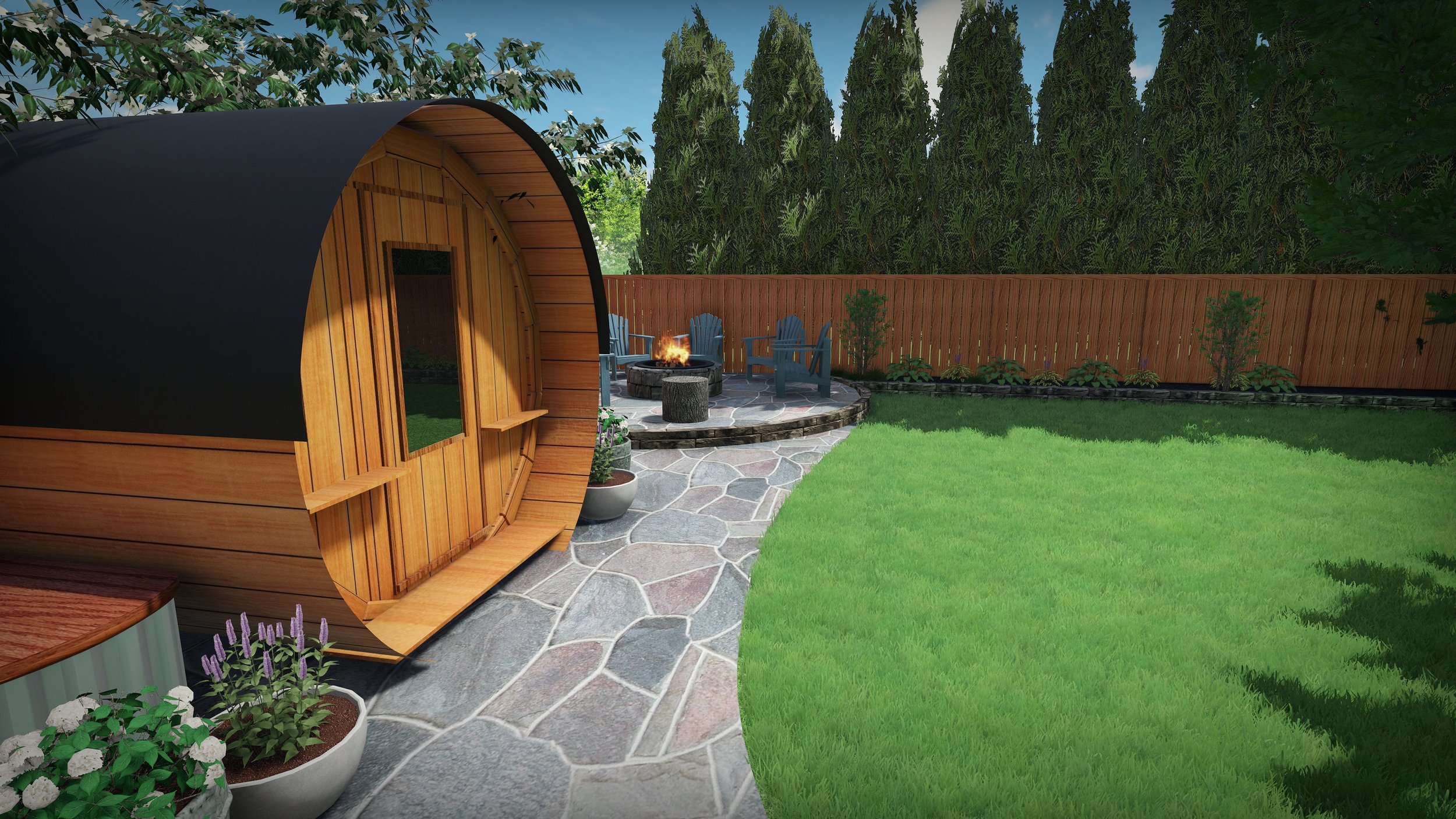 A backyard with a wooden barrel-shaped sauna on a stone patio, surrounded by a well-maintained lawn, potted plants, a garden bed with shrubs, a wooden privacy fence, and an outdoor fire pit with chairs around it.