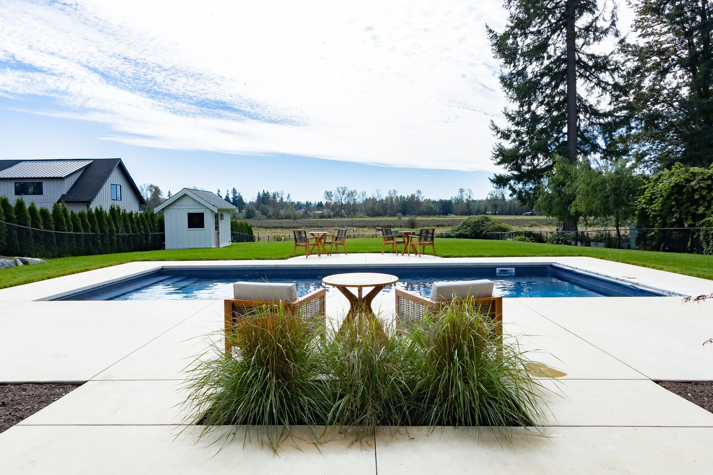 A backyard with a rectangular swimming pool. There are two lounge chairs with cushions in the foreground, surrounded by ornamental grasses. In the background, there is a grassy lawn with four wooden outdoor chairs and a table, and a white garden shed. Tall trees and a clear sky are visible beyond the yard.