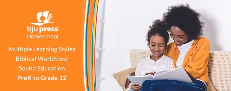 BJU Press Homeschool Logo a mom is reading to her daughter.