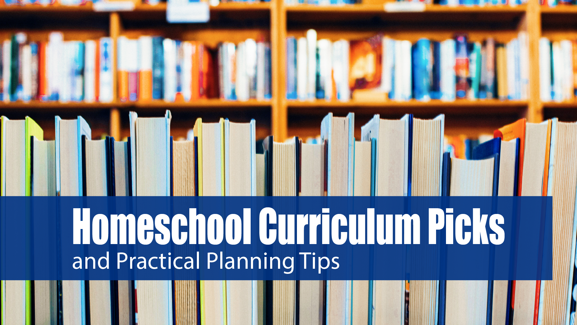 A colorful bookshelf with a stack of books in the foreground.