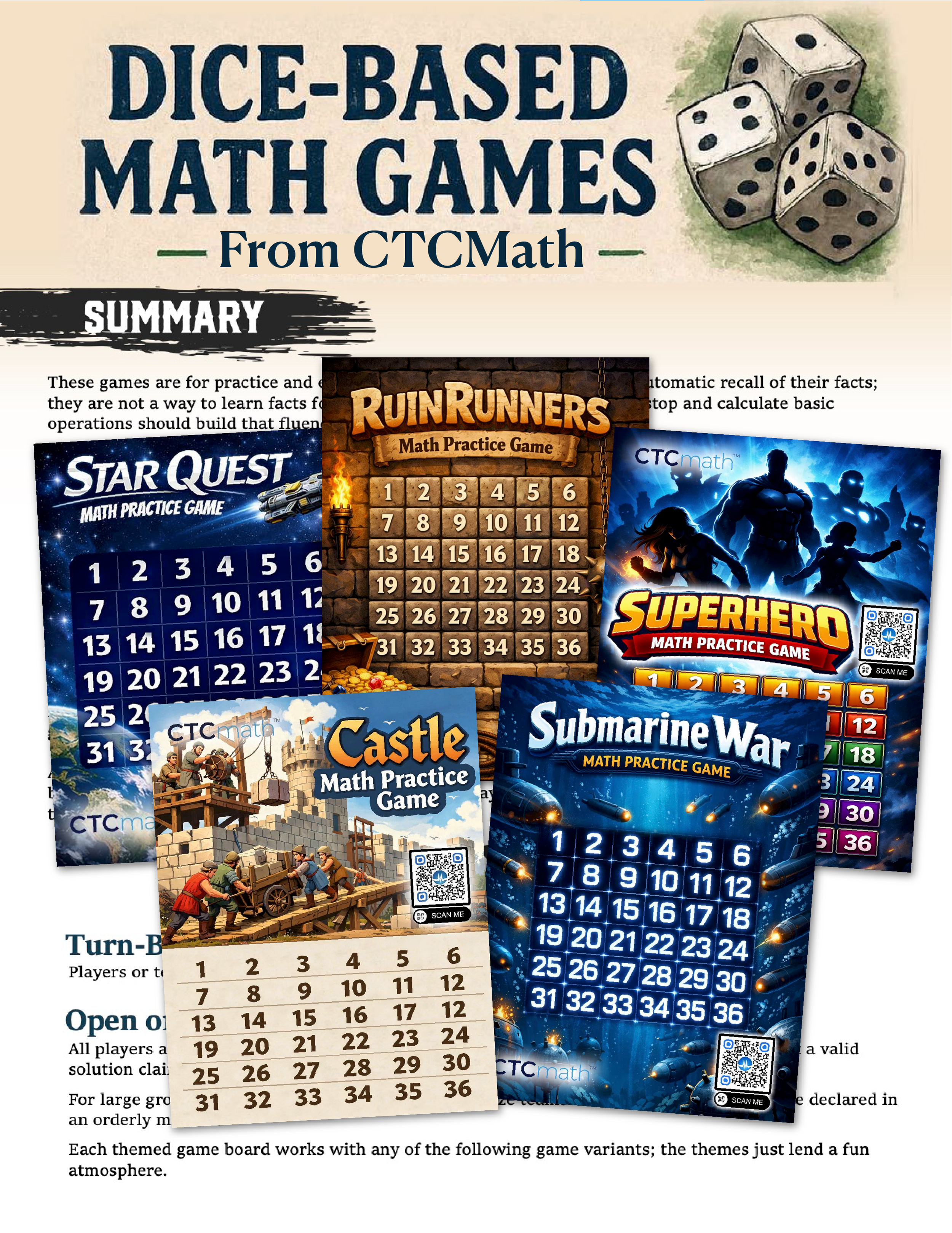 Free Printable Dice-Based Math Games Workbook | 5 Themed Math Fluency Games