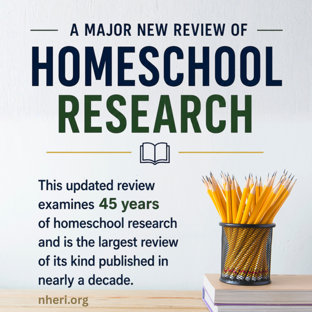 Pencil holder full of yellow pencils sits on two books on a light wood colored desk. The image is titled "A Major New Review of Homeschool Research"