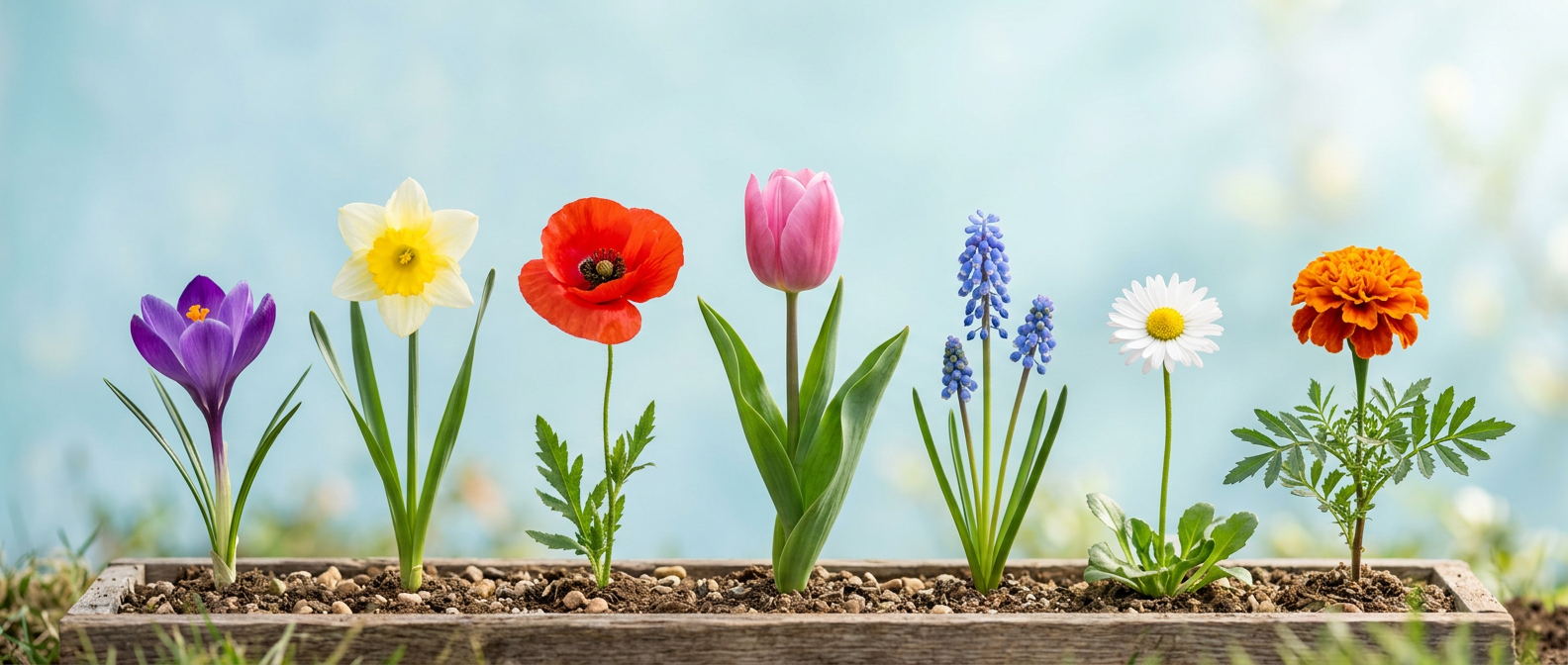 A light blue background with a row of individual flowers in the foreground. Each flower is unique.