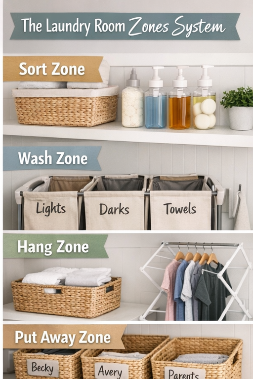 Laundry room reset checklist and simple storage zones