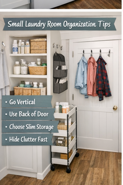 small laundry room organization with shelves and rolling cart