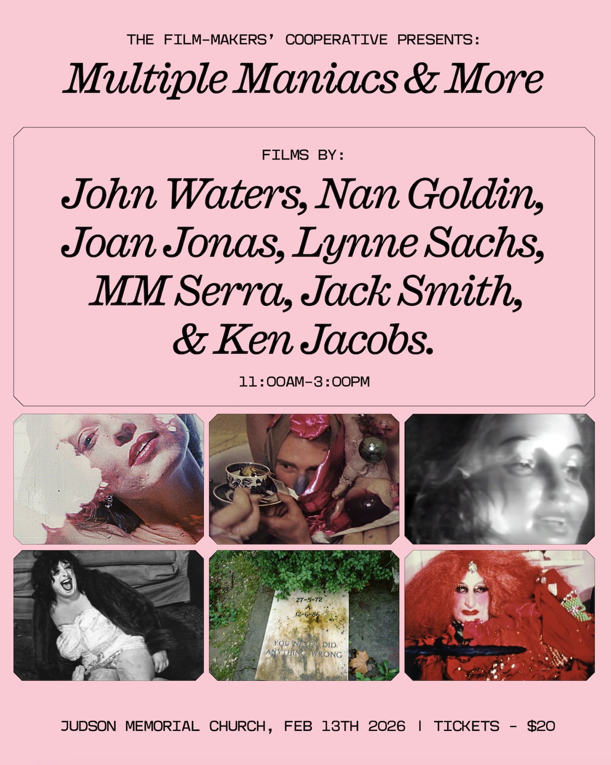 MULTIPLE MANIACS &amp; MORE: Films by John Waters, Nan Goldin, Joan Jonas, Lynne Sachs, MM Serra, Jack Smith, and Ken Jacobs