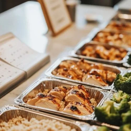 Trays of cooked chicken and broccoli on a table.