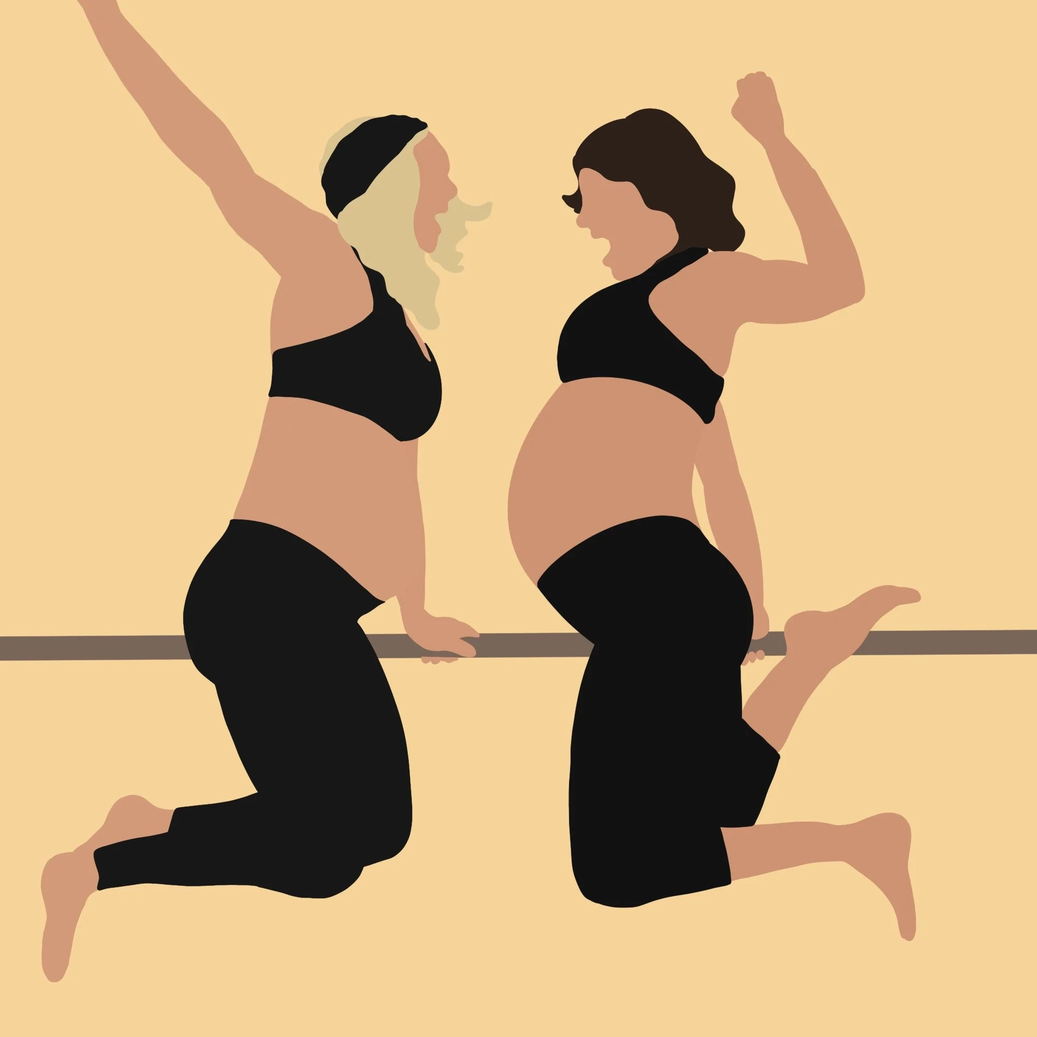 Two women in black sports bras and black pants, one pregnant, kneeling on a gymnastic balance beam, facing each other, flexing their biceps and celebrating.