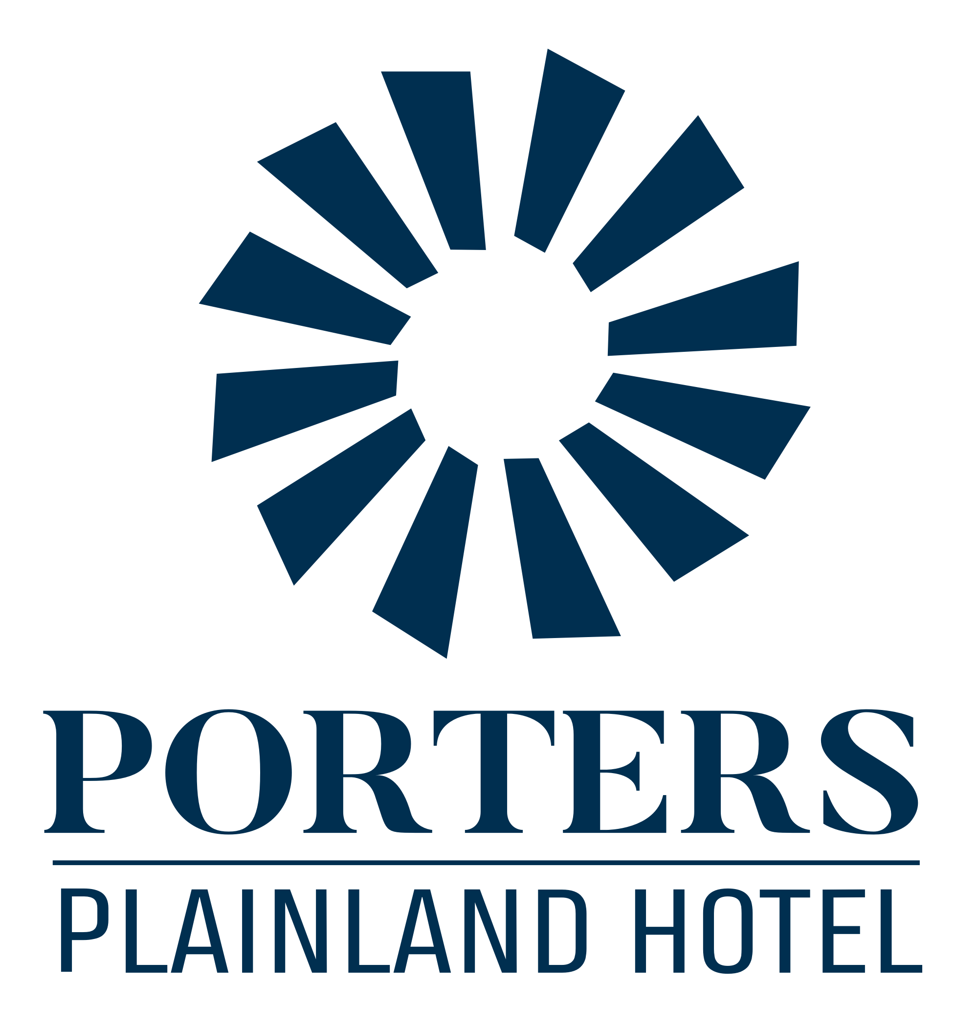 Porters Plainland Hotel logo featuring a stylized sunburst design in blue.